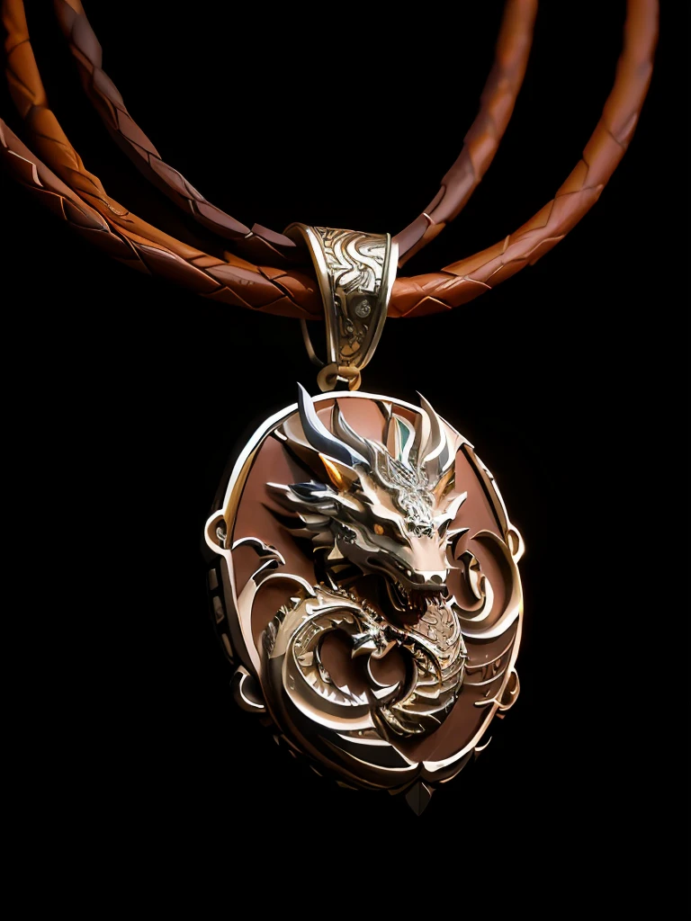Brown leather necklace with silver dragon pendant, close up shot of an amulet, chinese dragon engrave, smooth chinese dragon, highly detailed product photo, detailed jewelry, jewelry photography, high detail product photo, leather jewelry, very very highly detailed, a jewellery design,, highly detailed carvings, very high detail, Silver, pendant