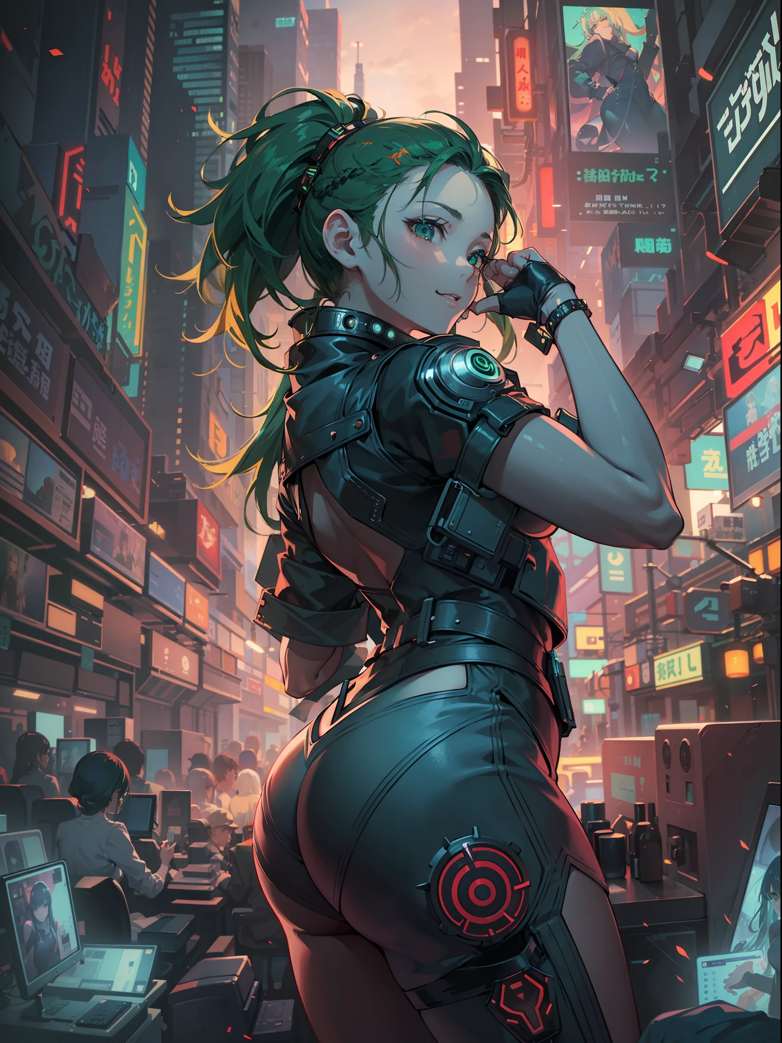 (Artistic photos of cyberpunk women)、(ighly detailed:1.2)、(Complex neo slam in the background:1.1)、ultra-detailliert、(Soft lighting:1.2)、hight resolution、Film particles。Super Giant Big Lady、Rich buttocks、celebration、Congratulations、smil、smil、Hold out a bouquet、dance,Green eyes、Green hair、green Formal Dress、💐💐💐💐💐,