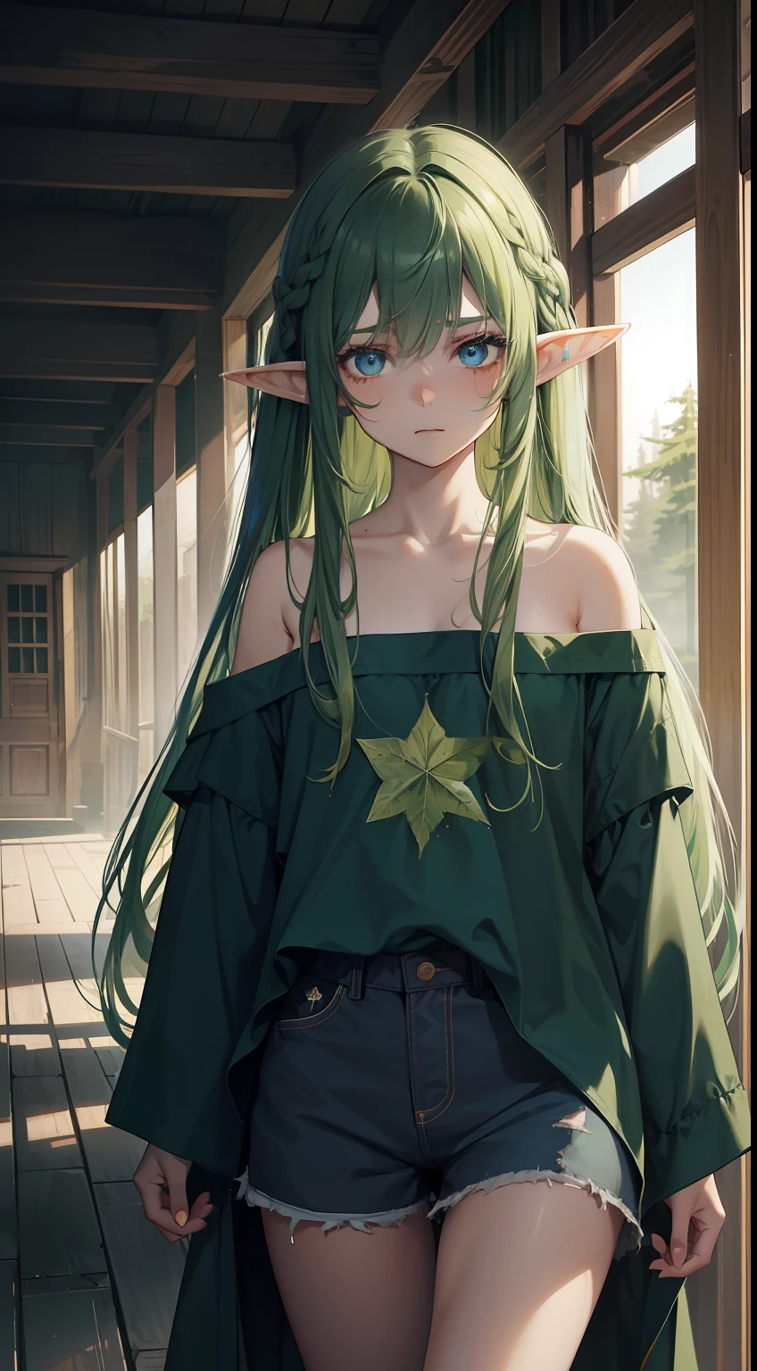 young girl, long dark green hair, elf ears, blue eyes, Robe, tshirt, Shorts, Sad, Scars, ripped clothes, Masterpiece, hiquality