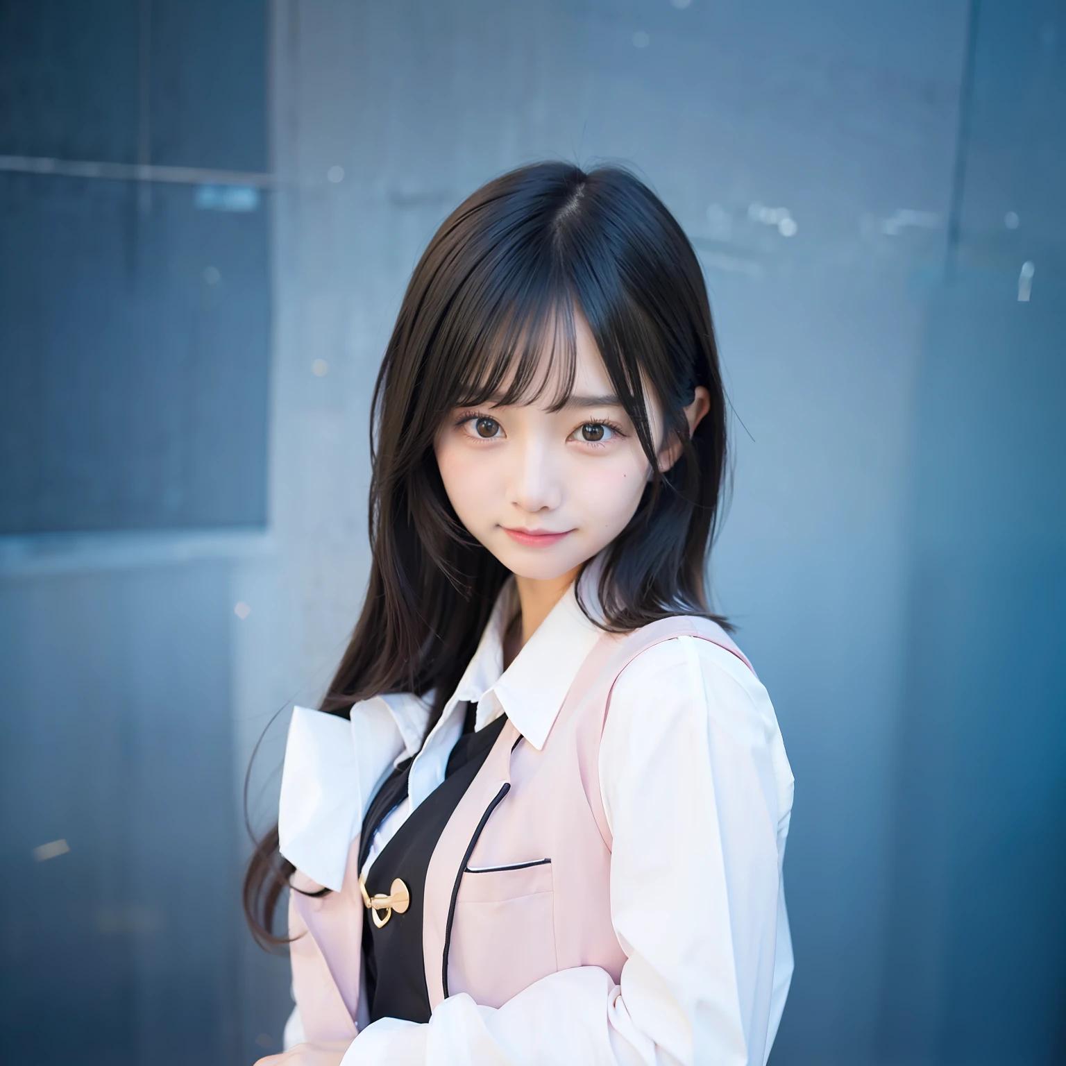 1girl, very beautiful face, black hair, pink school uniform, 70mm lens