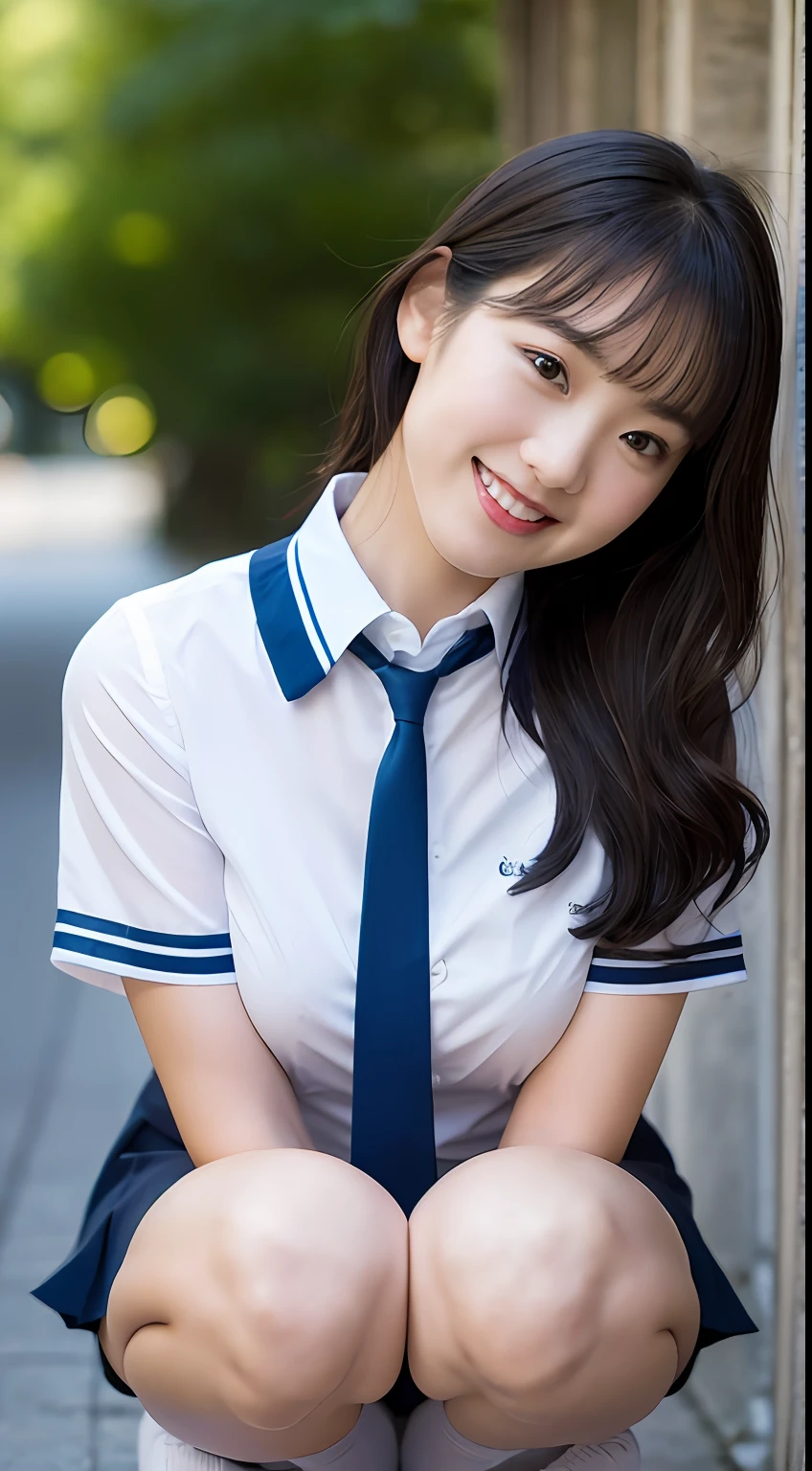 (very detailed, 8k, wallpaper), sharp focus, detailed, dramatic, delicate and beautiful schoolgirl, sheer white shirt, navy blue ribbon collar, dark blue pleated micro mini, pink lingerie, sexy, smile, peeking viewer, graphics beautiful, bright school building with strong sunlight, full body, sitting, squatting, plump panties, white socks, (low angle,) 、