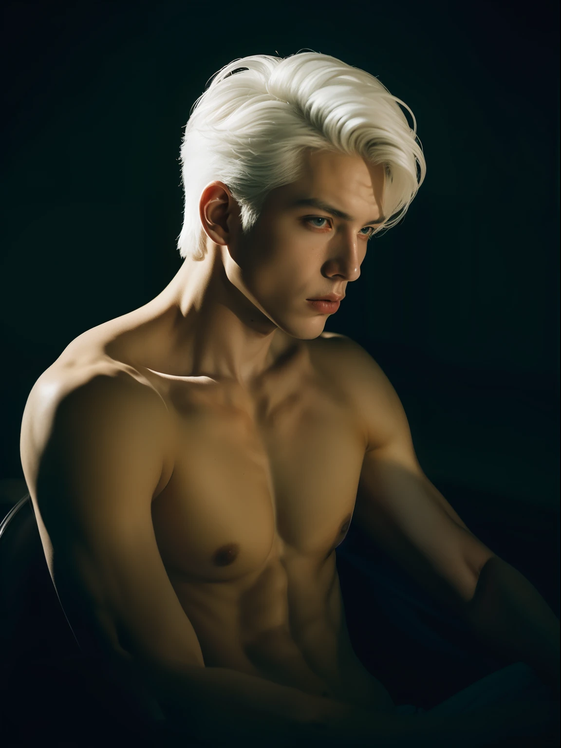 Portrait photo of young and handsome man , 20 years old , white hair , wearing nothing, artistic portrait , sexy posing , dark light , art , cinematic elegance, elegantly formal