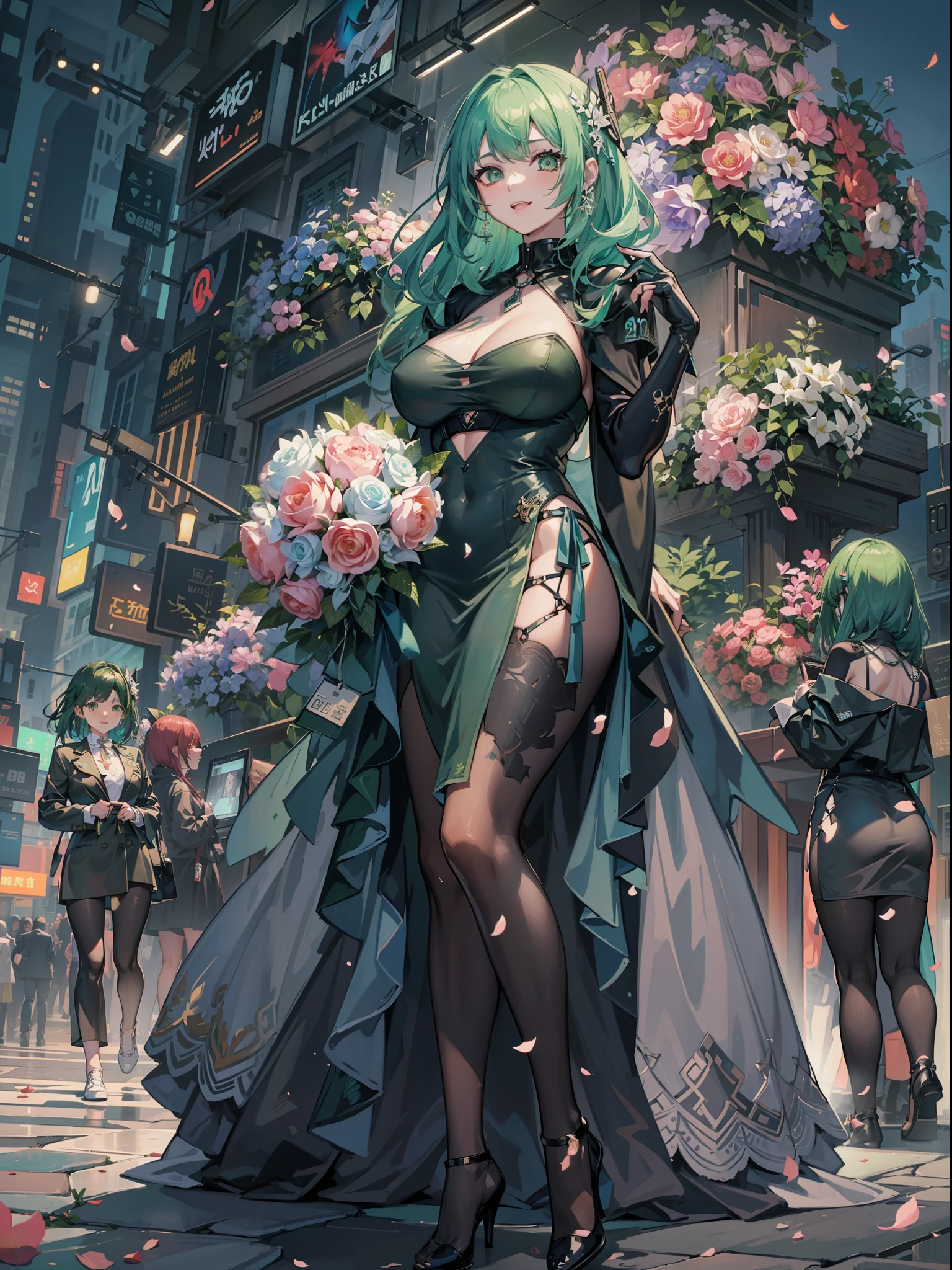 (Artistic photos of cyberpunk women)、(ighly detailed:1.2)、(Complex neo slam in the background:1.1)、ultra-detailliert、(Soft lighting:1.2)、hight resolution、Film particles。Super Giant Big Lady、Rich buttocks、celebration、Congratulations、smil、smil、Hold out a bouquet、dance,Green eyes、Green hair、green Formal Dress、💐💐💐💐💐,
