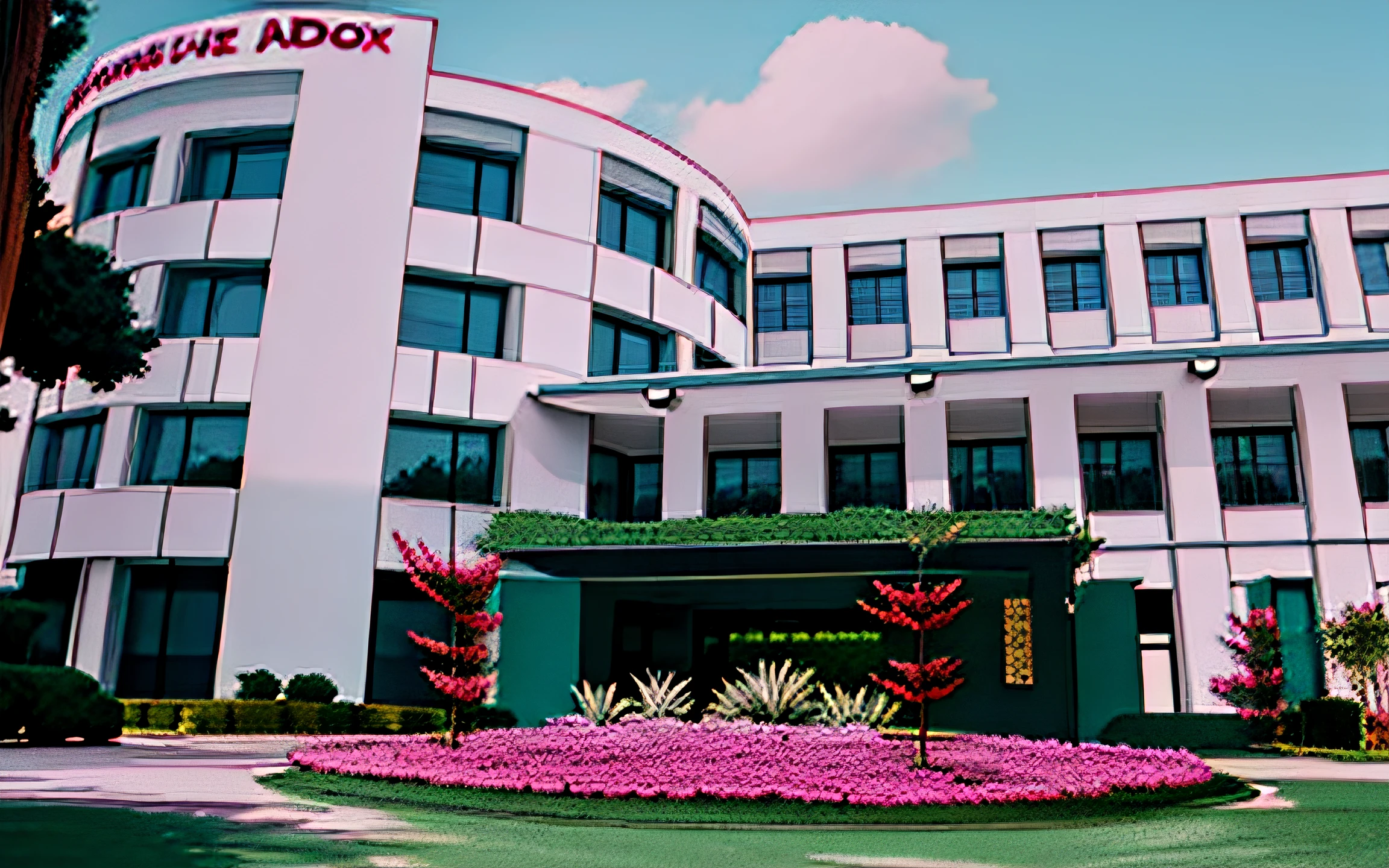 arafed building with a circular lawn in front of it, front-view, exterior view, building facing, frontview, front view, private academy entrance, pastel colors, dribble style, exterior wide shot, front side, taken with sony alpha 9, exterior shot, outside view, arhitectural shot, office building, centre image, full building