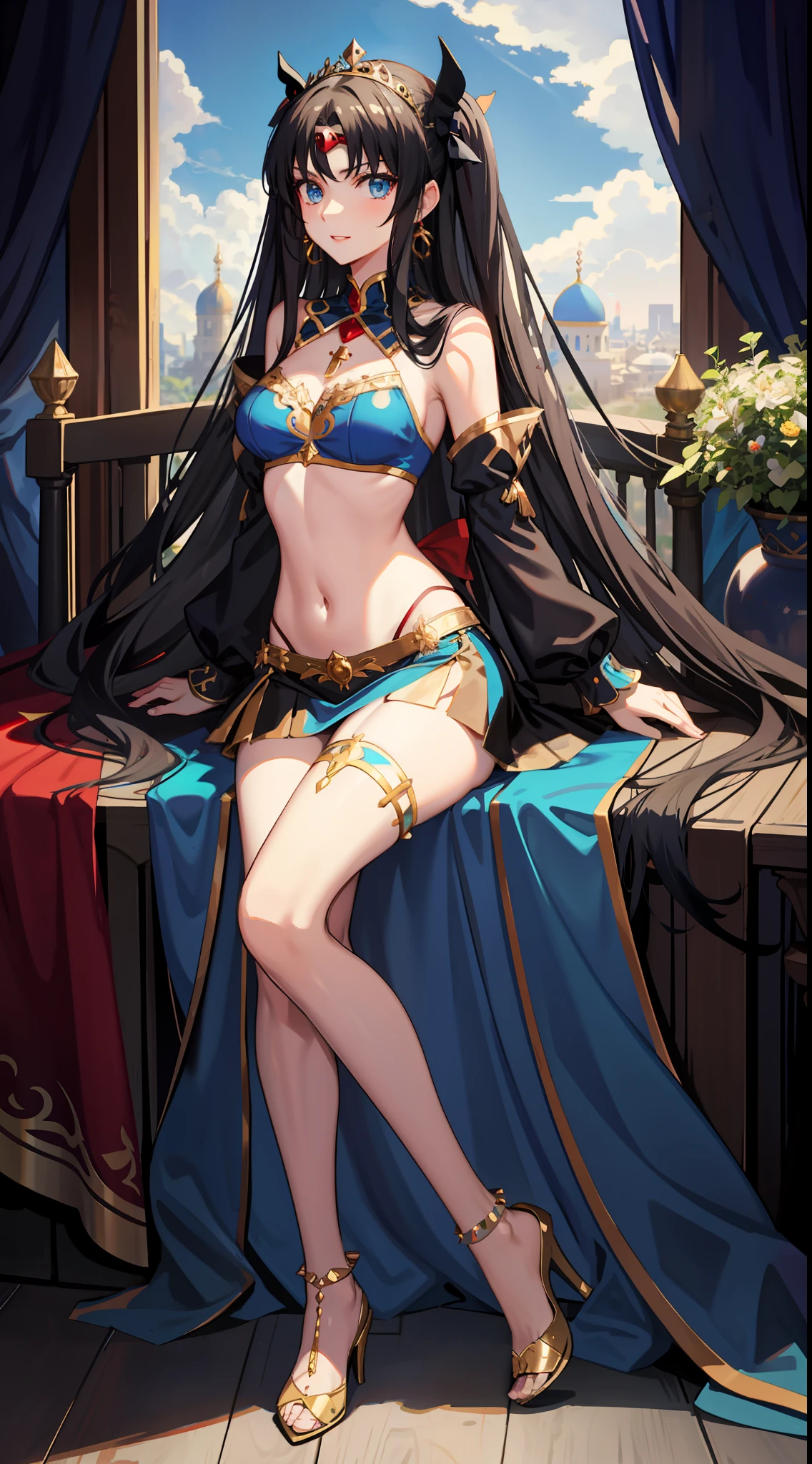 long hair, black hair, medium breast, slim legs, happy, blue gown, cleavage, arabian belly dancer , short skirt, rin tohsaka, twin tail, navel, garden, blue eyes, tiara, sitting, thigh high socks, sunlight,