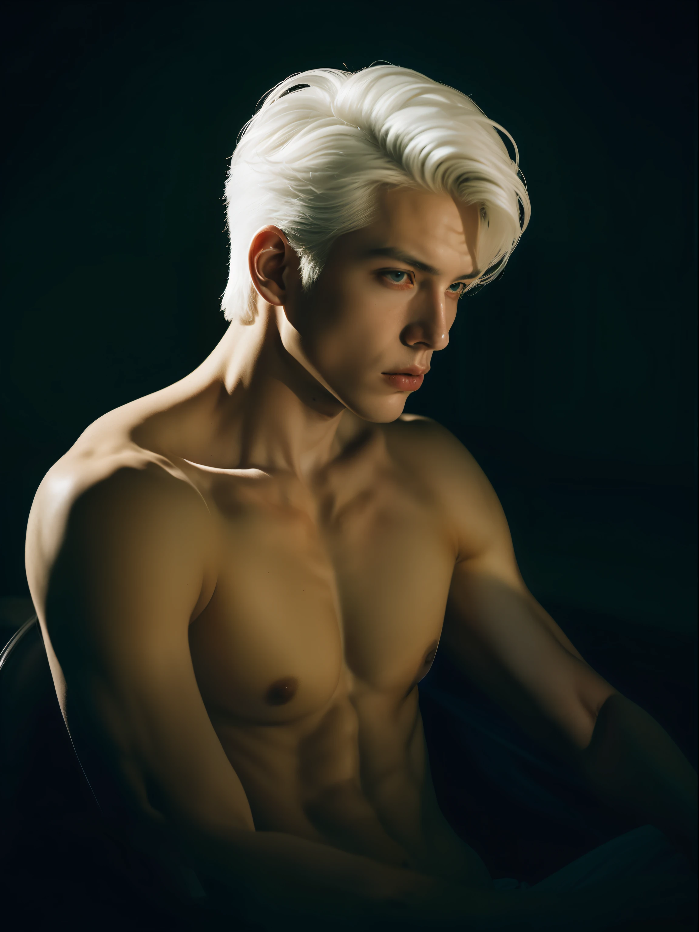 Portrait photo of young and handsome man , 20 years old , white hair , wearing nothing, artistic portrait , sexy posing , dark light , art , cinematic elegance, elegantly formal