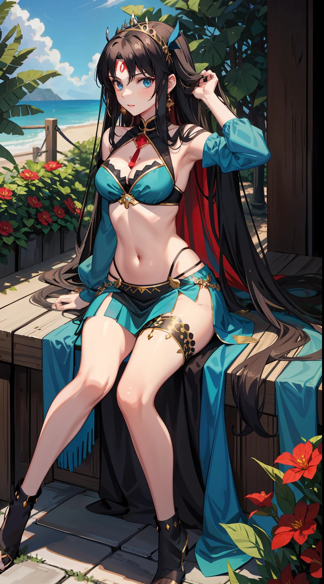 long hair, black hair, medium breast, slim legs, happy, blue gown, cleavage, arabian belly dancer , short skirt, rin tohsaka, twin tail, navel, garden, blue eyes, tiara, sitting, thigh high socks, sunlight,