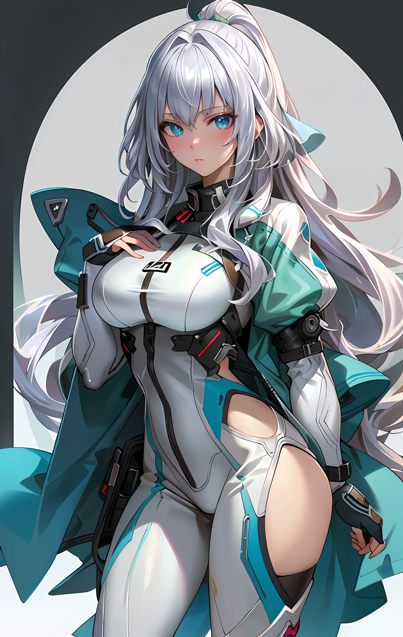 (masterpiece,best quality,ultra-detailed,highres,illustration:1.2),extremely detailed wallpaper,official art, amazing,high detail,ultra-detailed,extremely detailed 8k wallpaper,(character design),(simple background, white background: 1.3),(1girl),(solo),(young girl:1.2),(taimanin suit),sexy,perfect anatomy,beautiful face,perm hairstyle,silver hair colour,big breasts,cowboy shot,standing,looking at viewer