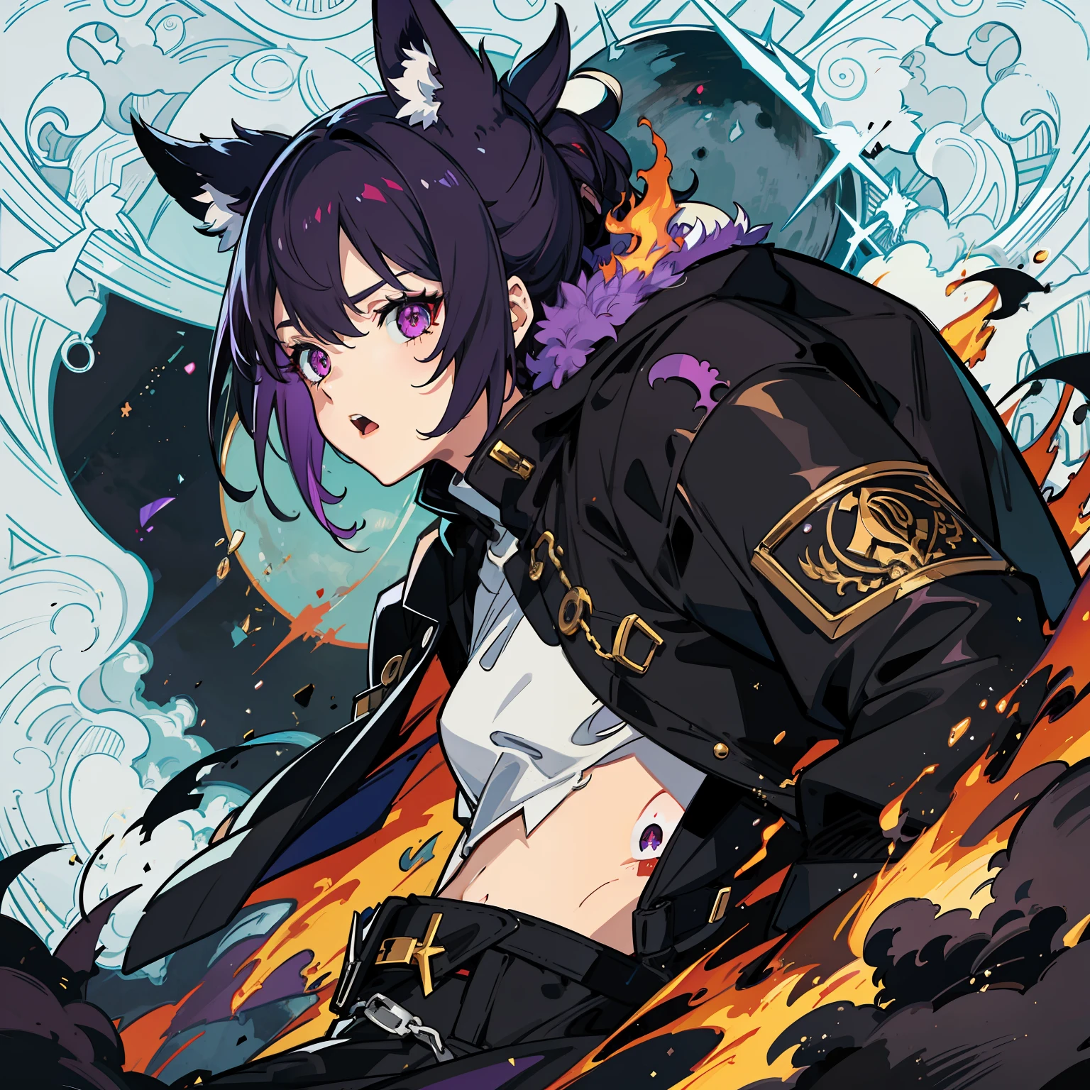enraged lycanthrope, ciudad destruida de fondo, purple flames, ojos rojos, pelo difuminado negro a blanco, ensangrentado, armadura