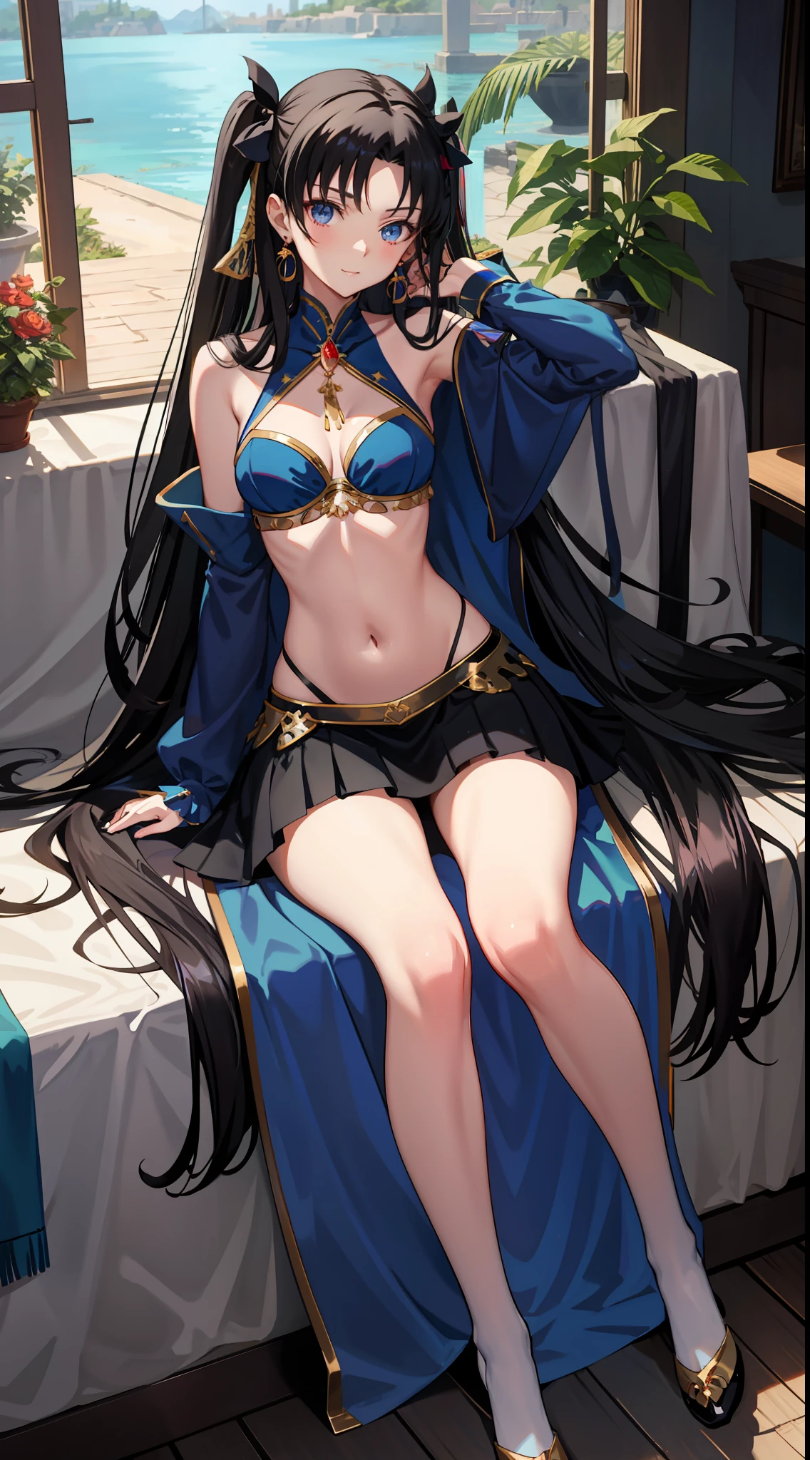 long hair, black hair, medium breast, slim legs, happy, blue gown, cleavage, arabian belly dancer , short skirt, rin tohsaka, twin tail, navel, garden, blue eyes, tiara, sitting, thigh high socks, sunlight,