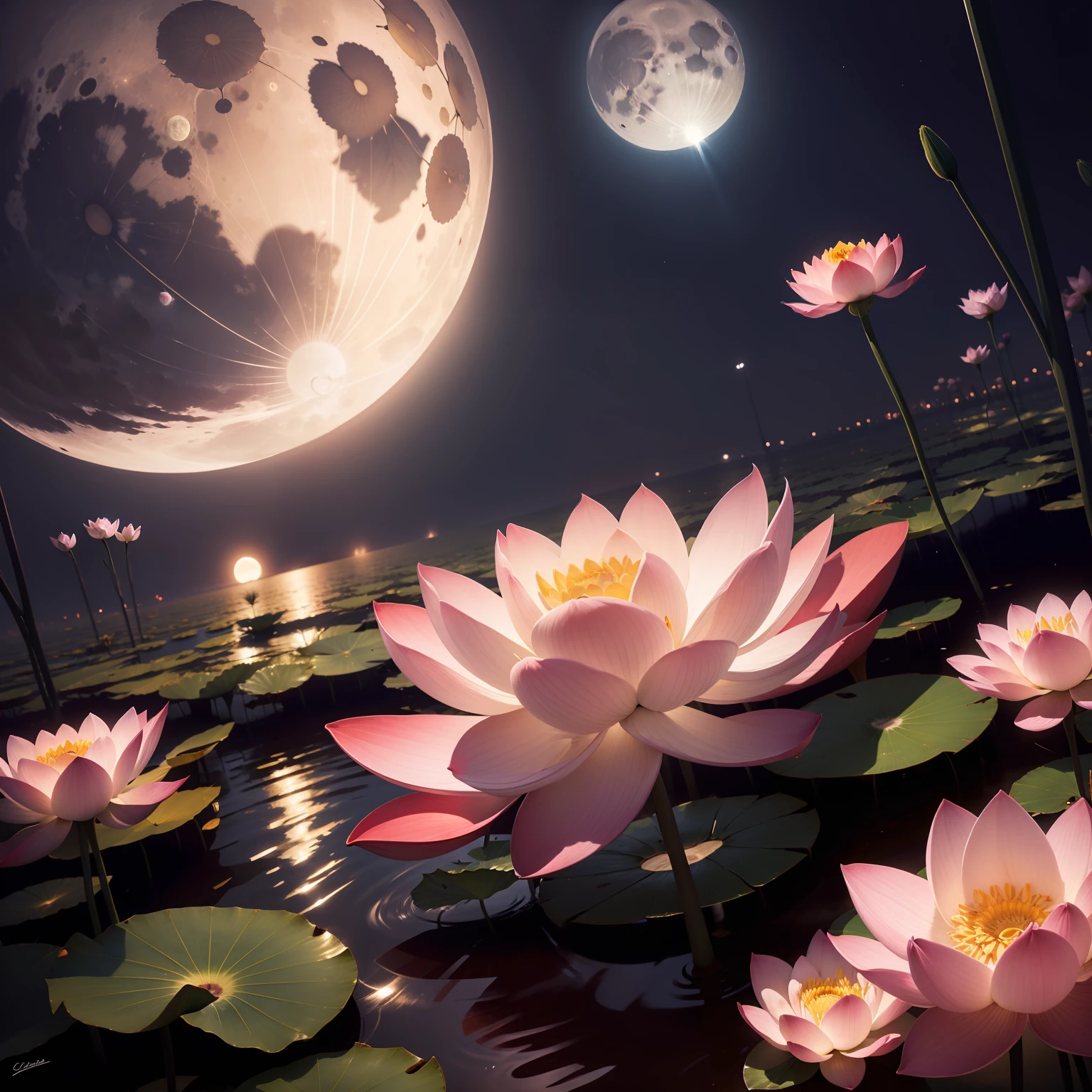 Lotus flowers under the moon