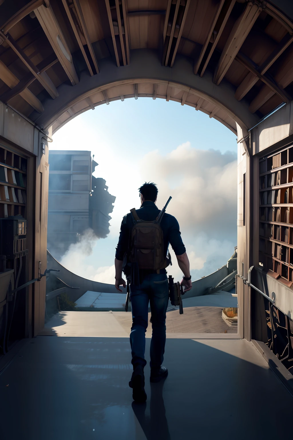The protagonist stands in the circular passage with his back to the picture,Look at the smoke-filled tall buildings in the distance,Inside the passage are steampunk's intricate and detailed metal gears、Joint pipes and screws。Use composition and shadows to create dramatic and cinematic effects。