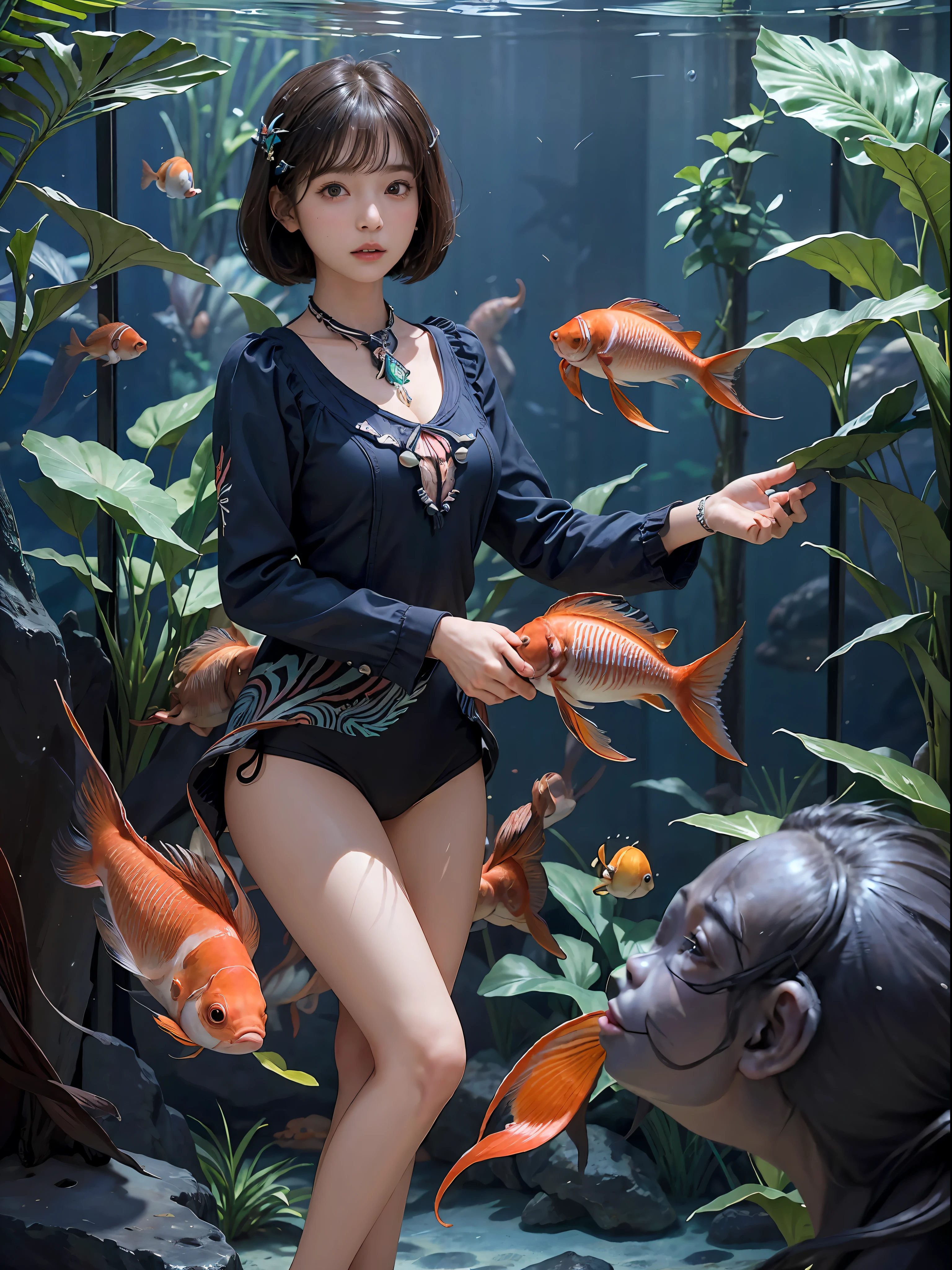 (((30-year-old woman with)))、((aquariums))、masterpiece, 1 beautiful girls, (((very_Short_hair))), Eye details, Swollen eyes, Top image quality, 超A high resolution, (Realistis: 1.4), OriginalPhotographs, 1girl in, Cinematographic lighting, japanes, very beautif, Beautiful skins, (A hyper-realistic), (hight resolution), (8 K), (ighly detailed), (The best illustrations), (beautifully detailed eyes), (ultra-detailliert), A detailed face, look at a camera, Facing straight ahead, Neat Clothing, shorth hair、A dark-haired、46-point diagonal bangs、((aquariums))、Lots of fish、(((tropical fish)))
