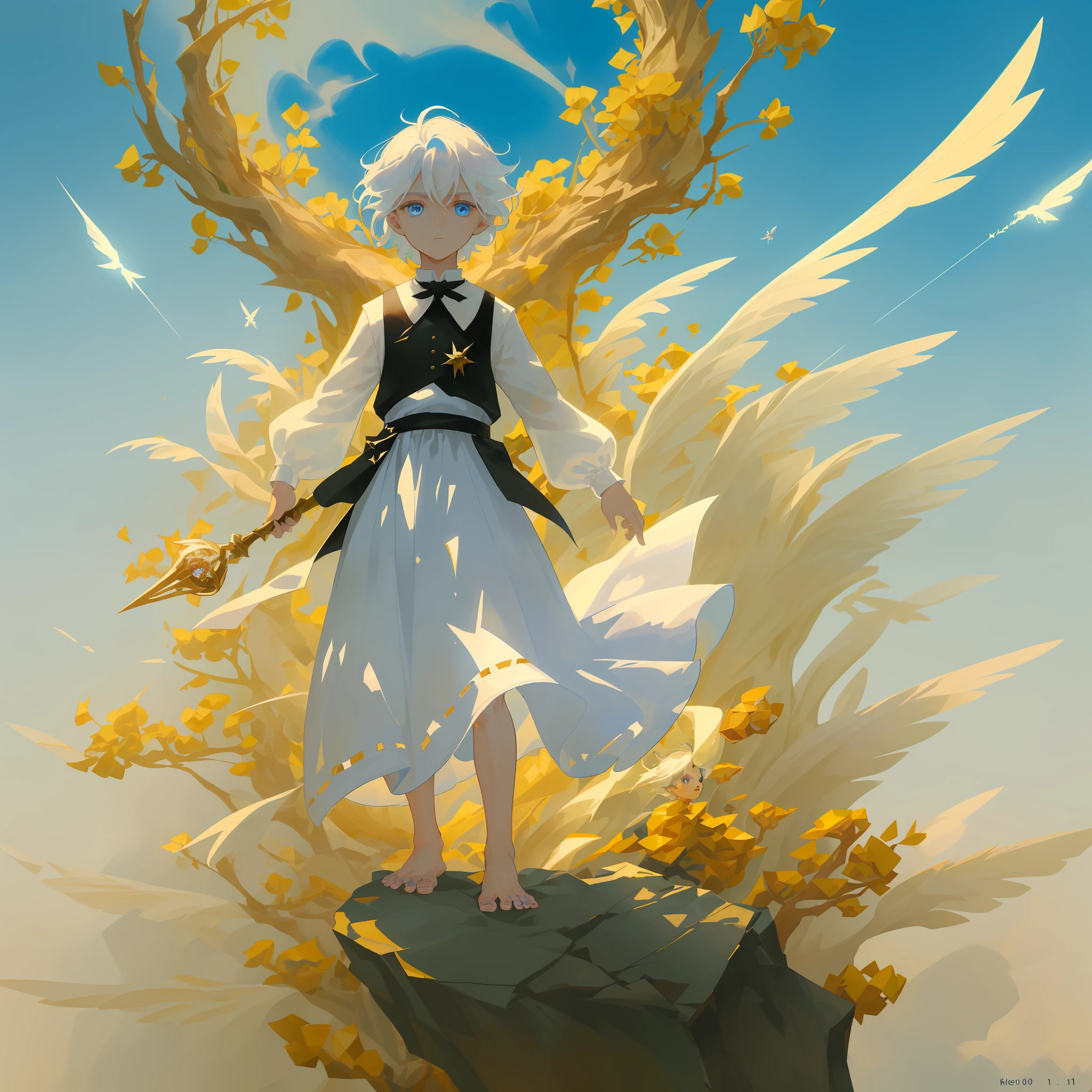 (4K),Magician white-haired boy,Dark blue eyes,Take the staff,A metal changer flies overhead,with thorns,The barefoot,Cinema lenses,2D,(vale:1.1),toplight