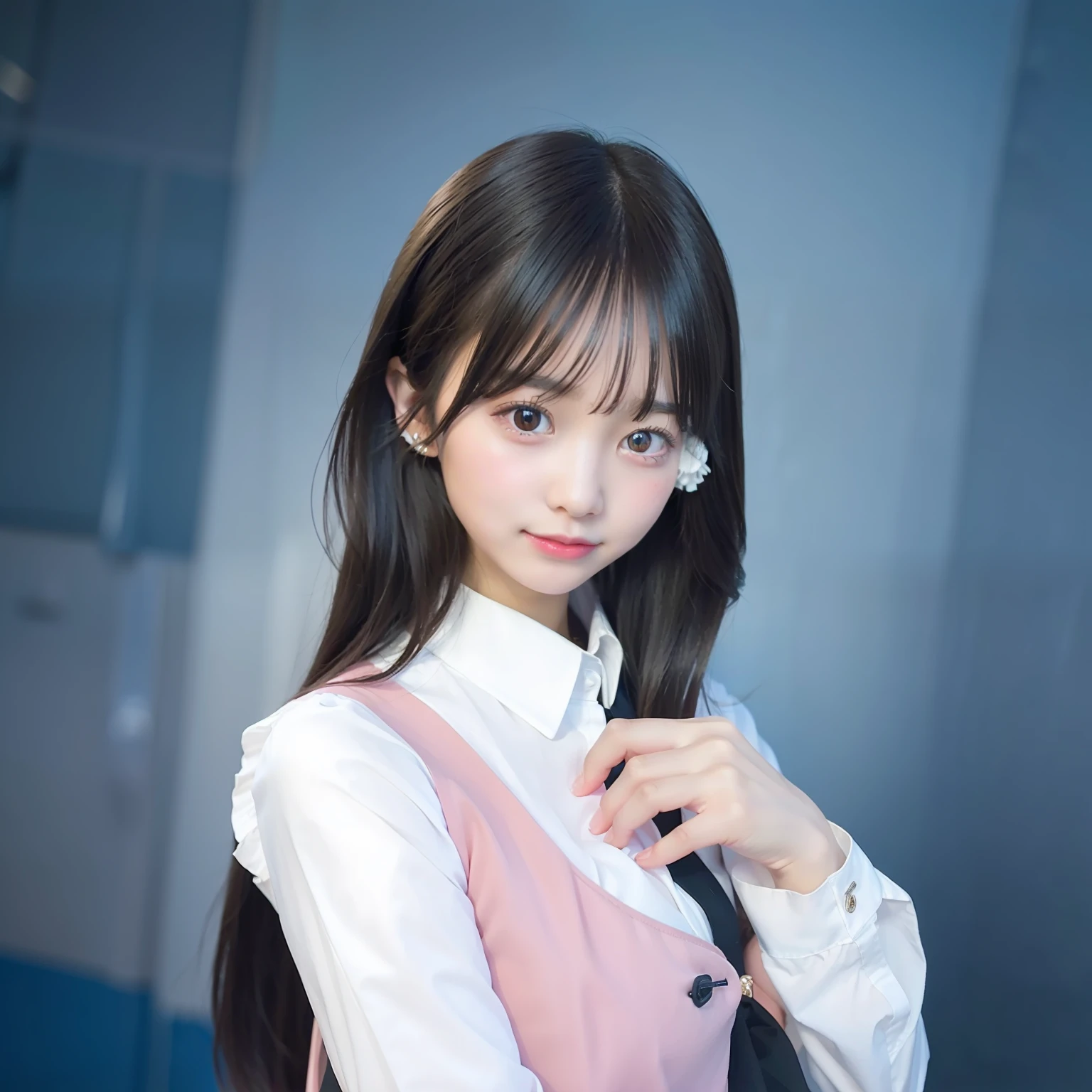 1girl, very beautiful face, black hair, pink school uniform, 70mm lens