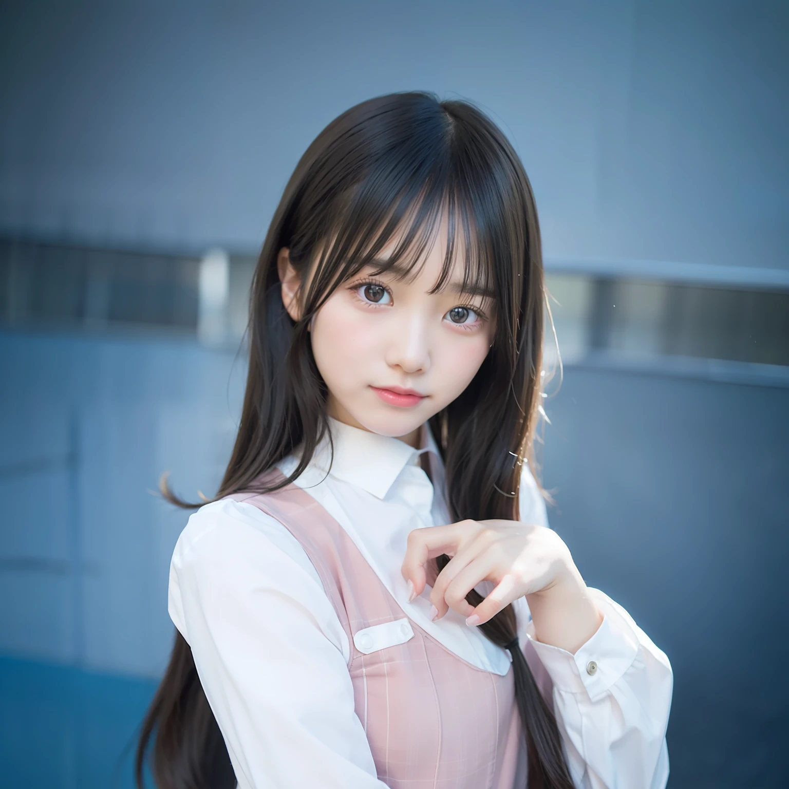 1girl, very beautiful face, black hair, pink school uniform, 70mm lens