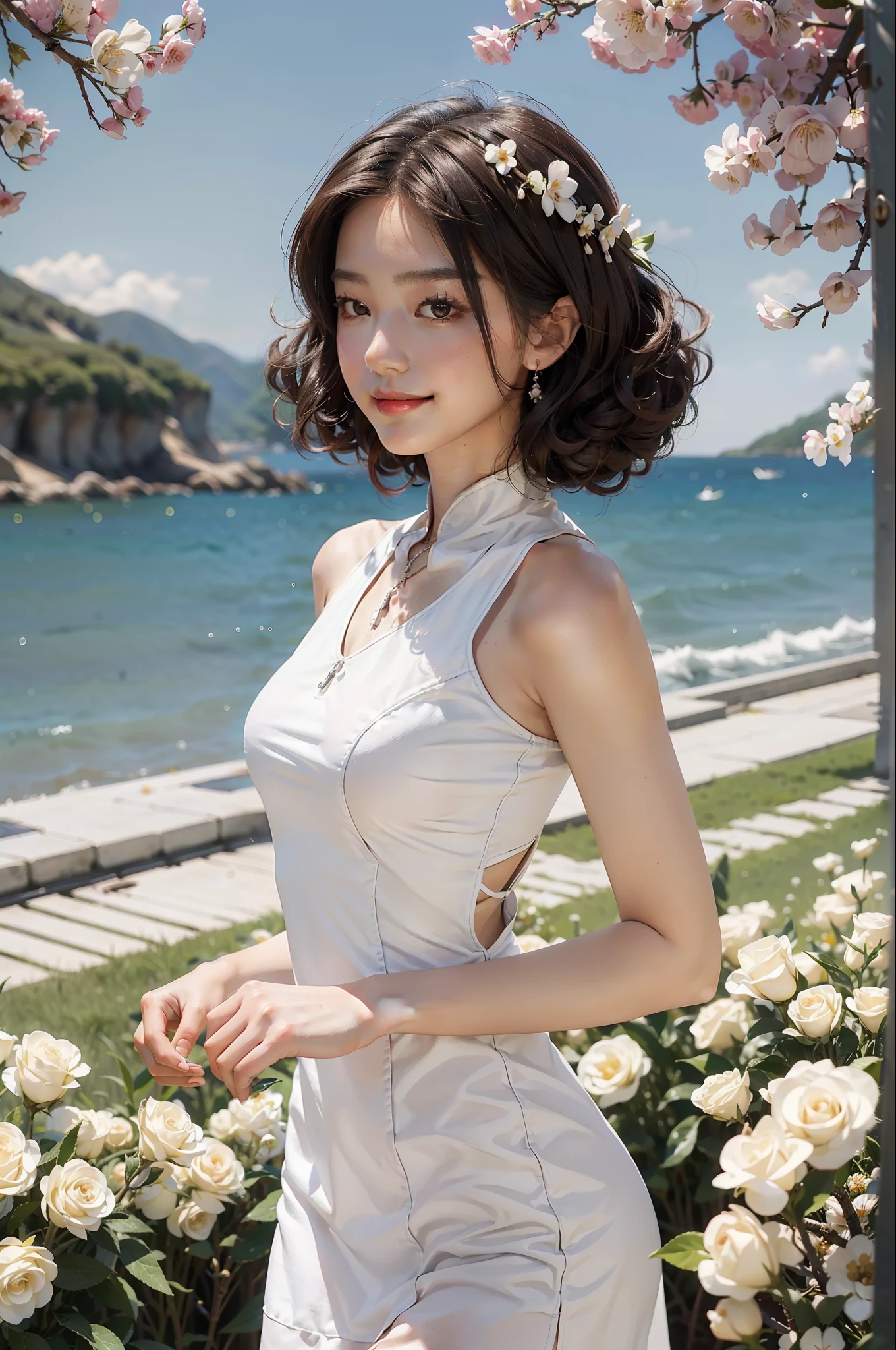 best qualtiy,tmasterpiece,超高分辨率,(真实感:1.4),RAW photogr,1girl,white dresses,Brown hair long,curlies,cropped shoulders,A sea of flowers in bloom,Pear blossom tree,Glowing skin,Light smile