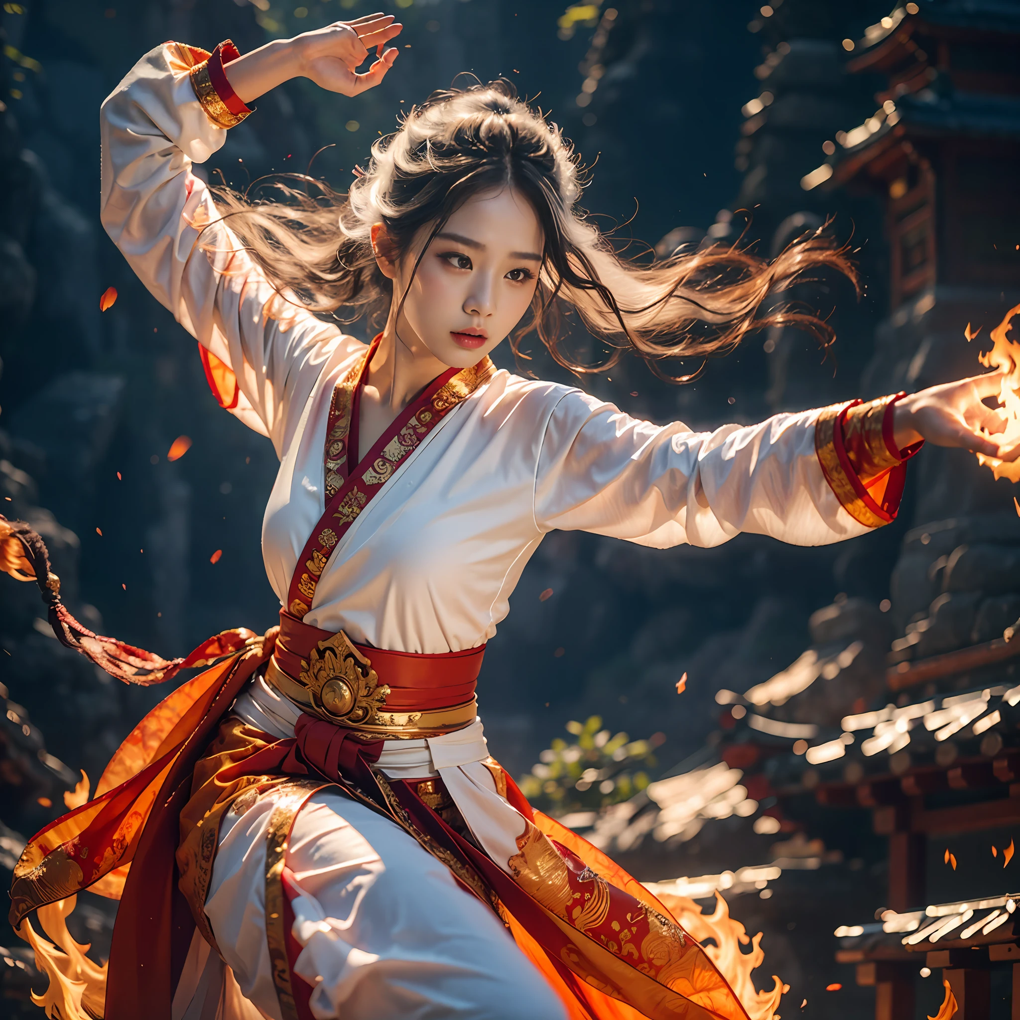 best qualtiy,tmasterpiece,超高分辨率,(realisticlying:1.4),(White-haired girl with fox ears:1.6),Beautiful_face,Detailed skins,full bodyesbian,yuhuoshu,(firey:1.3),Spells,Work on,twirl,(The flames rolled in),hair flowing in the wind, Martial artist,dynamicposes,Fighting posture,Rotating floating particles,dynamic compositions,jewely,独奏,耳Nipple Ring,bblurry,realisticlying,Yamakawa,Rochas