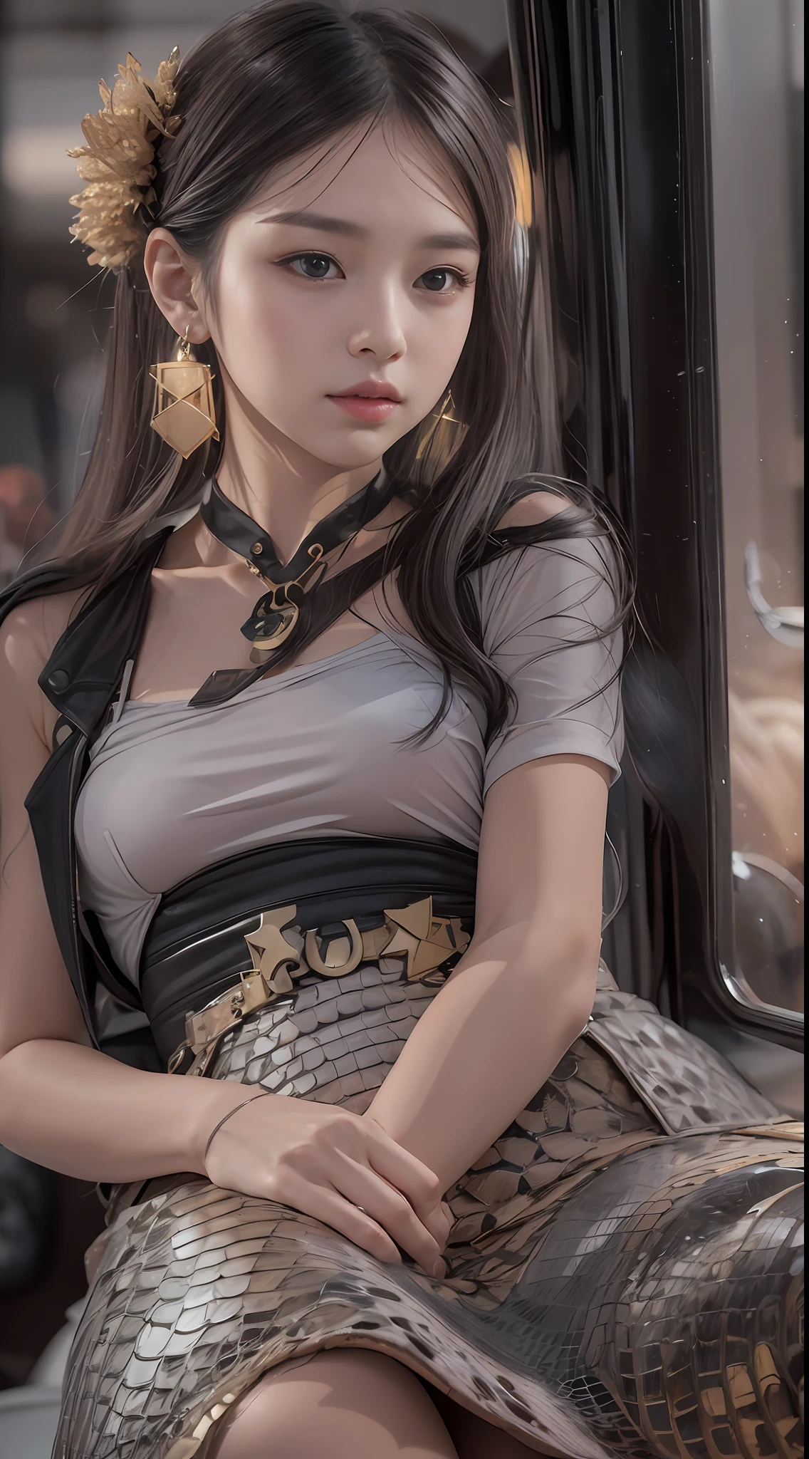 （tmasterpiece，k hd，hyper HD，16k）brunette color hair，15 year old girl，Multi-layer gauze skirt，Emphasis on thin waist，blusher，Soft lips，Cherry mouth，Focus on the neckline，Soft hair like slippery silk，Sparkling，Almost reluctant to look away，She wears a suspender cheongsam！Imagine that，She just wore a suspender cheongsam to shop in the bustling Sanlitun，One can't help but want to take a closer look。Take a closer look, desi，Her belly pocket is quite stylish，The skirt flutters in the wind，It's like adding a touch of energy to the whole street，Crocodile skin train，A sneak peek angle，（From the angle below），Sit in the seat of the train python，sitting in front，Zoom camera，head portrait，Head down and sleepy-eyed，Look at the ground， best qualtiy， hyper HD， （realisticlying：1.4），， A high resolution， the detail， RAW photogr， Sharp Re， Nikon D850 Film Stock Photo by Jefferies Lee 4 Kodak Portra 400 Camera F1.6 shots, Rich colors, ultra-realistic vivid textures, Dramatic lighting, Unreal Engine Art Station Trend, cinestir 800，