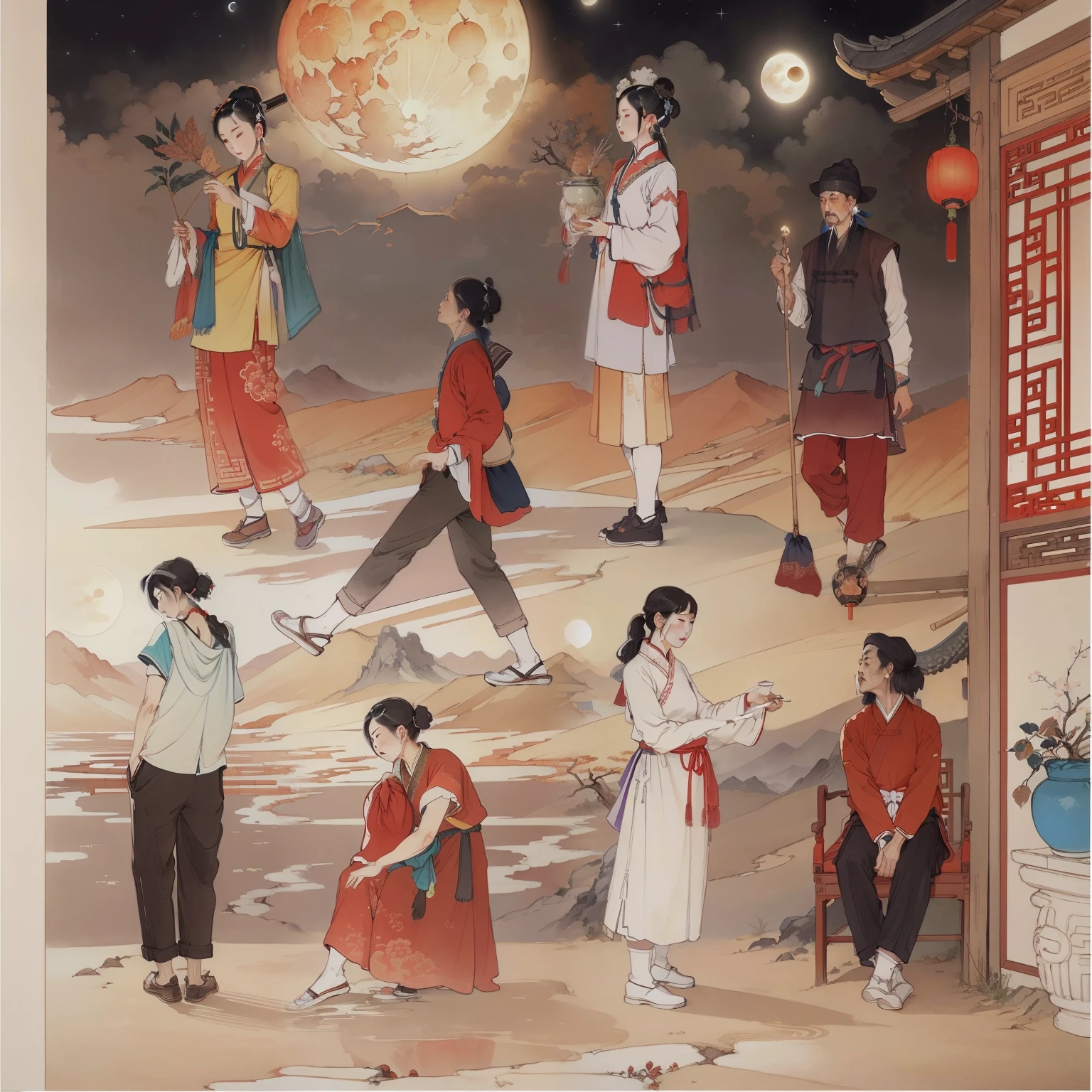 Ancient Chinese landscapes,Ancient buildings,Pavilions,Carved beams and paintings,enchanting scenery,Night,Moon light,Layered, Rich light and shadow,Mid-Autumn Festival, Ink painting style,clean color,Low-saturation colors,Colors of low brightness,Decisive cut,Leave white space,impressionistic,tmasterpiece,ultra - detailed,Epic composition, HighestQuali,hyper realisitc,Art germ --v 6