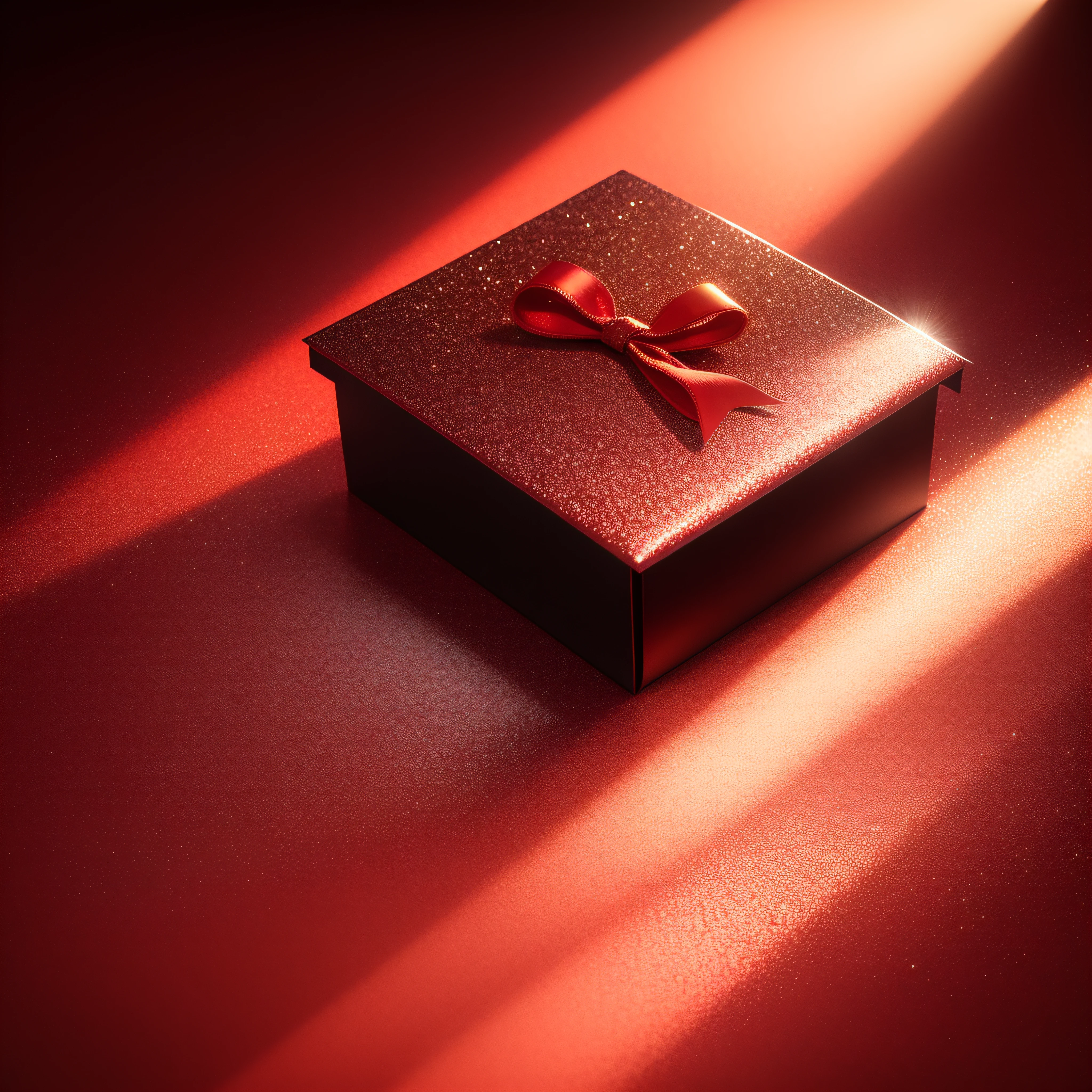 Textured red glitter background,The left side is empty,Place the product stack on the right side,The light from the back window is backlighted,Red background with small gift box,The ground has golden glitter