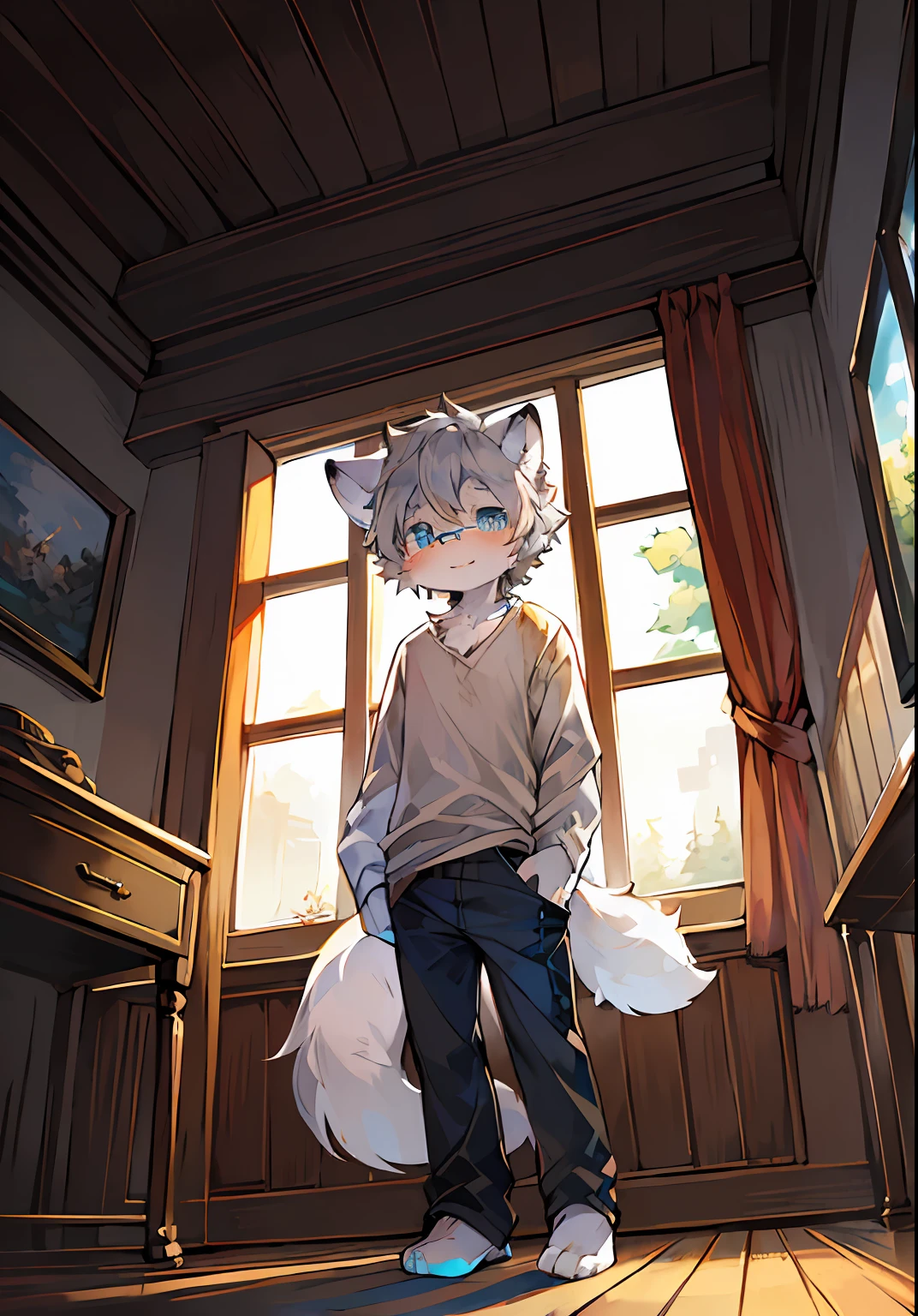 (ambiente dark:0.8),masterpiece,high quality,abstract res,digital painting\(artwork\), by dagasi, yupa,kiyosan,(anthro,fluffy fur,character focus:1.1),anthro male cat,short hair,portrait , eyes with brightness, in a panoramic view, Character focus.(detailedbackground:0.7), 独奏, shaggy, shaggy male, malefocus, anthr,(Full Body Furry, Fluffy tail, White fur, blue color eyes, Gray hair:1.2), (long canines、Teenage uncensored、Long shirt and trousers、eye glass），（interiors、uni，rivulets，the trees）