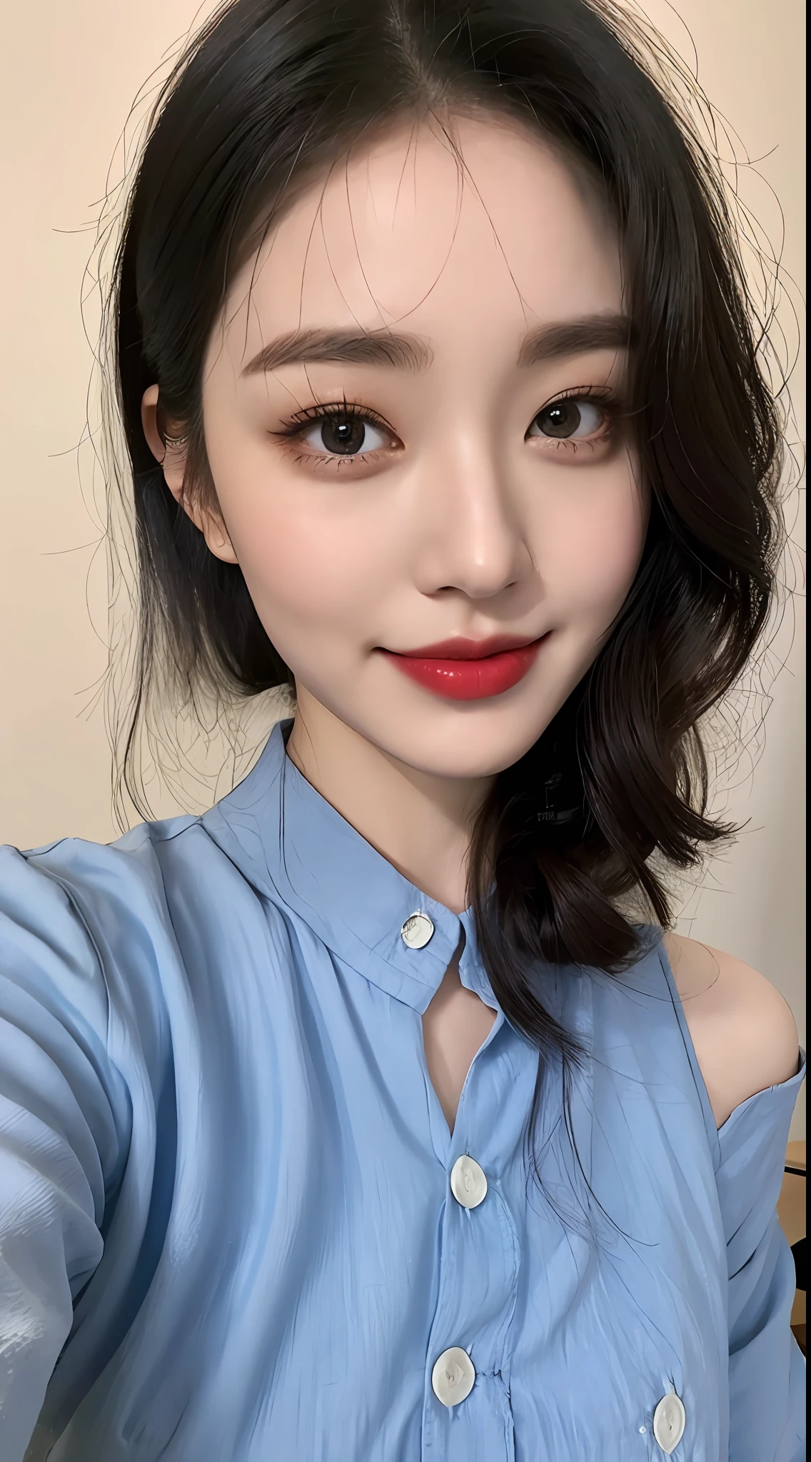 high detal，8K分辨率，超高分辨率，Best image quality，a beauty girl，lipsticks，Love pupils，Peerless beauty，Messy black straight hair，shoulder-length short hair，（Coiled hair）Smooth hair，Intense and beautiful makeup，Exquisite and perfect facial features，the most beautiful big eyes，Be red in the face，Sweet smile，（Wearing a sky blue lace shirt with buttons，tiese ，Plaid pleated skirt）Open navel，Thin waist，（Full breasts）Get close to the viewer，dynamic angle，extreme picture quality，Highest accuracy