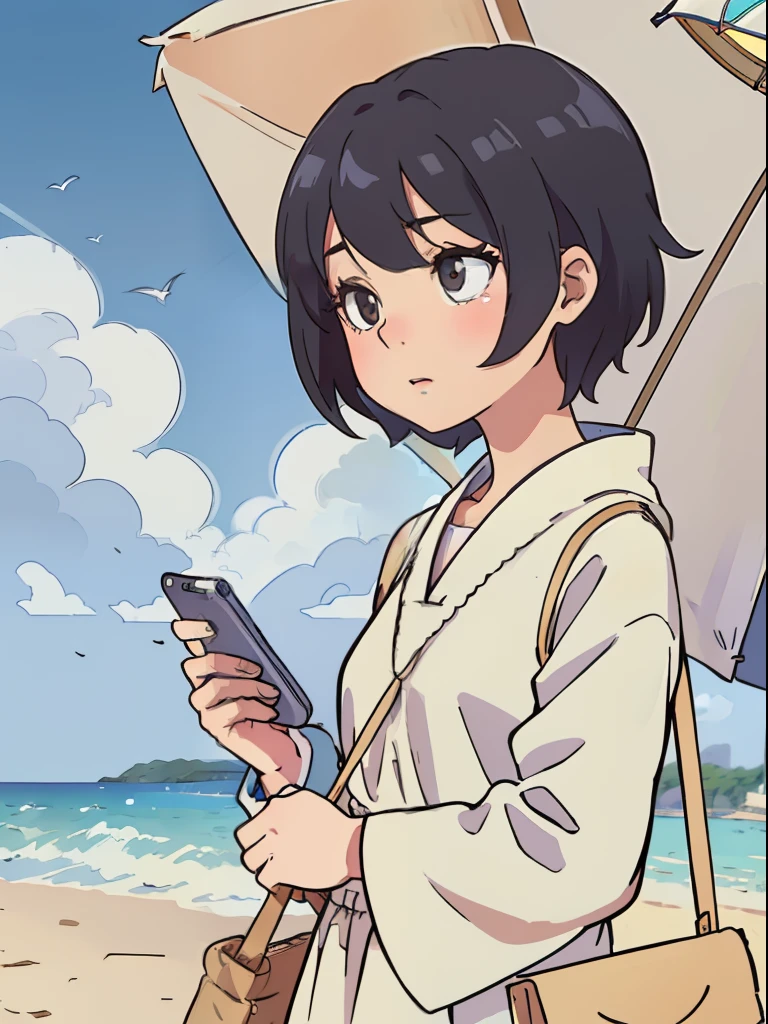 （High detail：1.4），（high resolution：1.4），A girl with short hair is looking down and playing with her phone，校服，sandbeach，Natural soft light，夏天，sideface