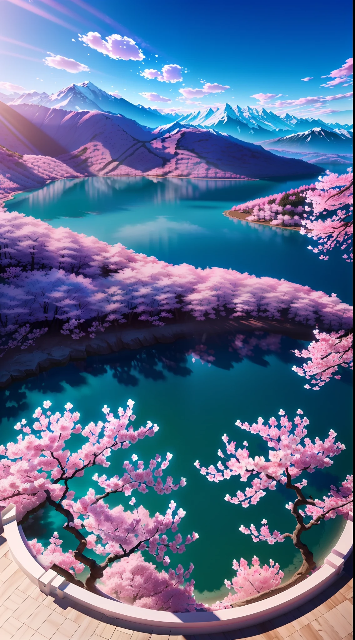 Mountain cherry blossoms, heart-shaped lake, blue sky, white clouds Masterpiece (Best quality, Detailed details, Masterpiece, , 4K, Chiaroscuro，（realisticlying:1.4), Canon Videography Realistic )