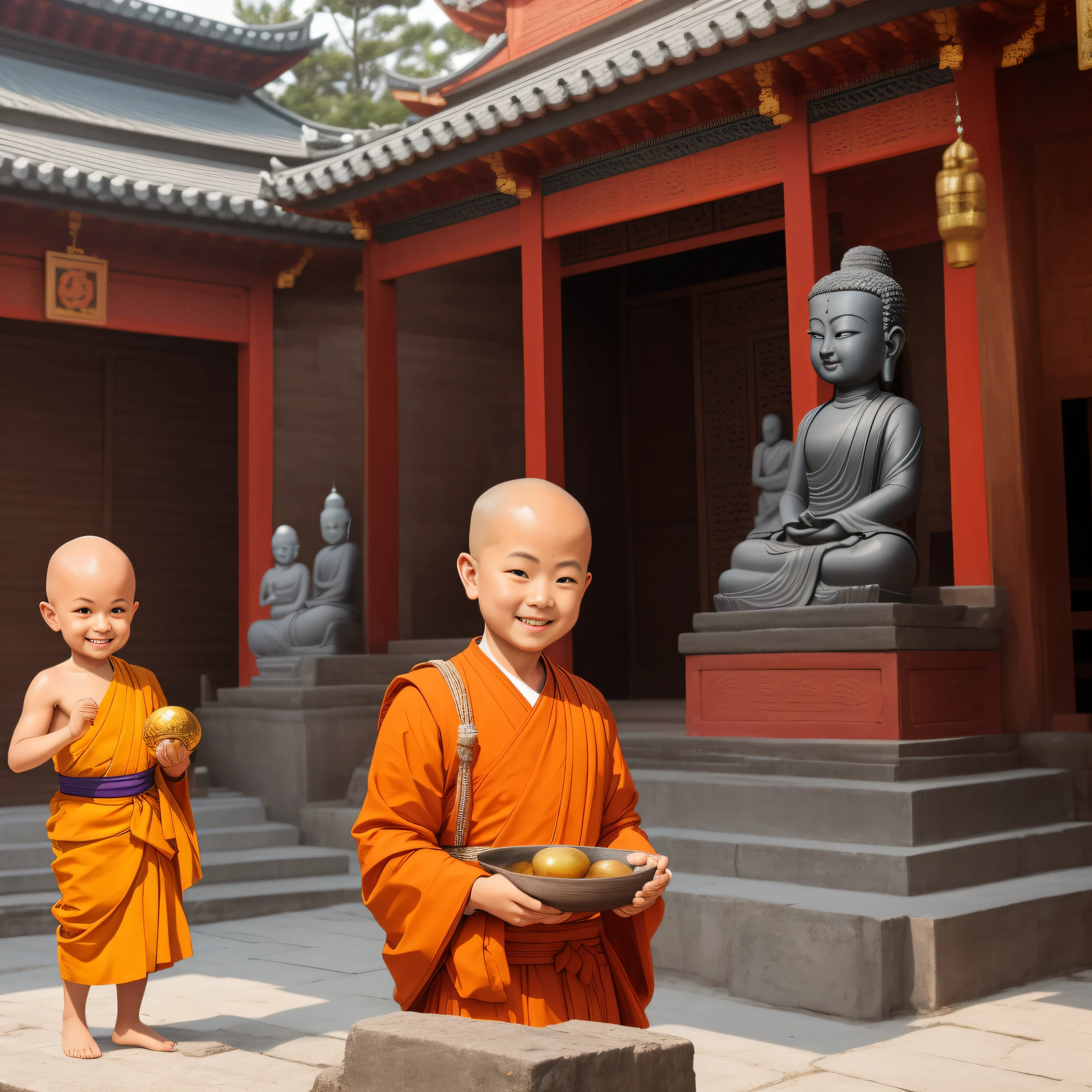 With a smile，Eyebrow beauty，Little monk without hair，The Buddha statue sits in front of the temple and knocks on the wooden fish