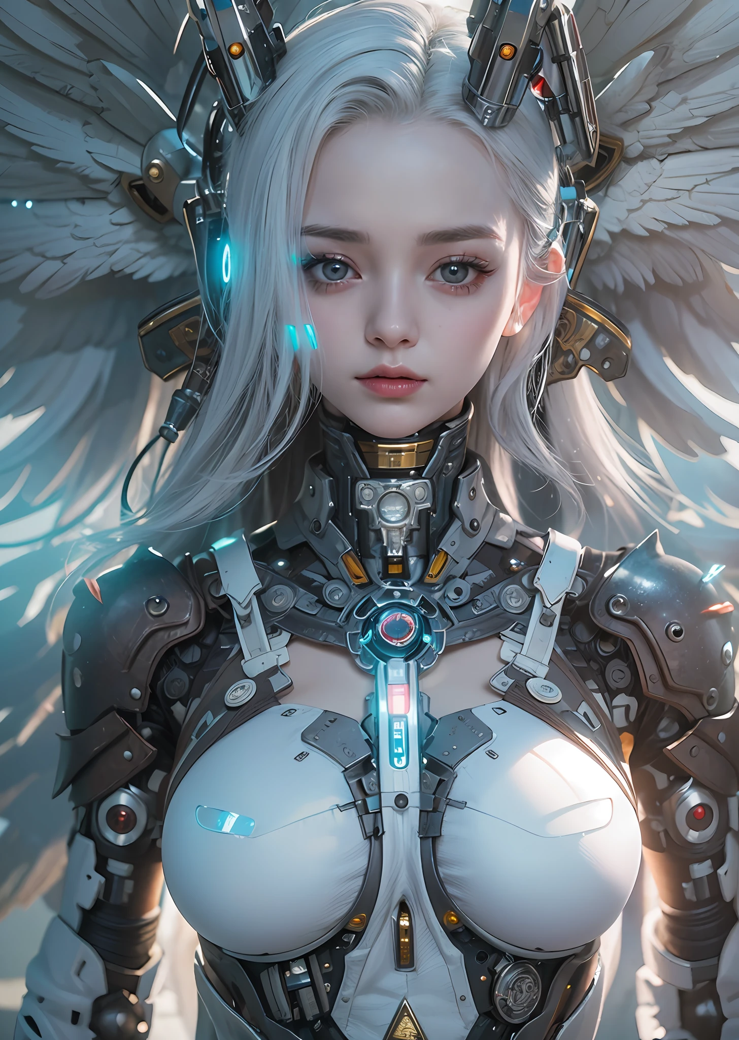 top-quality、masterpiece、超A high resolution、(Photorealsitic:1.4)、Raw photo、Cyborg Angel、large wings made of metal、White porcelain body、white hair、glowy skin、1 cyborg girl、((super realistic details))、portlate、globalillumination、Shadow、octan render、8K、ultrasharp、character edge light,Colossal tits、Raw skin is exposed in cleavage、Details of complex ornaments、Hydraulic cylinder、highly intricate detail、Realistic light、a purple eye、radiant eyes、Facing the camera、neon details、cowboy shot、Futuristic headgear、Cyberpunk details、Small LED lamp、