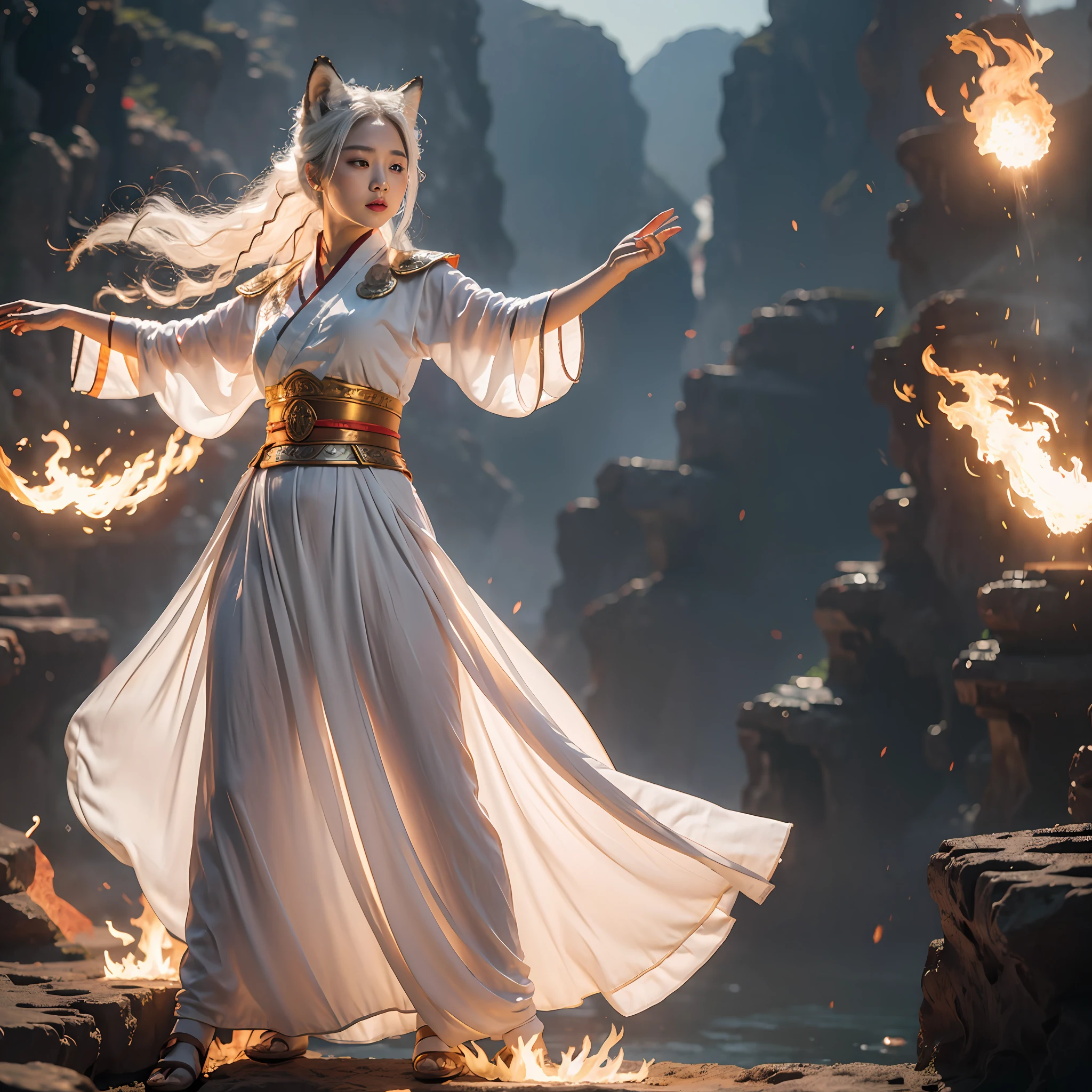 best qualtiy，tmasterpiece，超高分辨率，（realisticlying：1.4），（White-haired girl with fox ears:1.6），White hair，fox tails，Beautiful_face，Full-figured，Detailed skins，yuhuoshu，（Fireball in hand：1.3），Spells，Work on，twirl，（Fire was raging everywhere:1.5），hair flowing in the wind， Fighting posture，swirling fire，dynamic compositions，独奏，realisticlying，The background is mountains，Rochas