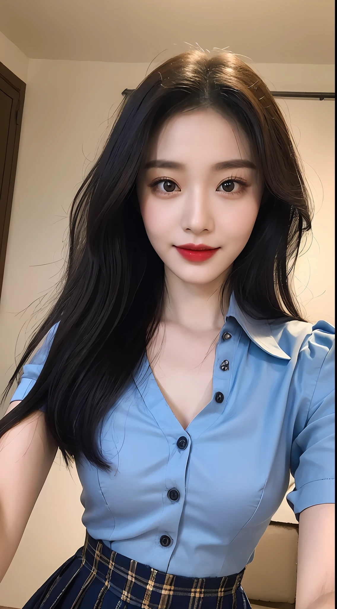 high detal，8K分辨率，超高分辨率，Best image quality，a beauty girl，lipsticks，Love pupils，Peerless beauty，Messy black straight hair，shoulder-length short hair，（Coiled hair）Smooth hair，Intense and beautiful makeup，Exquisite and perfect facial features，the most beautiful big eyes，Be red in the face，Sweet smile，（Wearing a sky blue lace shirt with buttons，tiese ，Plaid pleated skirt）Open navel，Thin waist，（Full breasts）Get close to the viewer，dynamic angle，Extreme picture quality，Highest accuracy