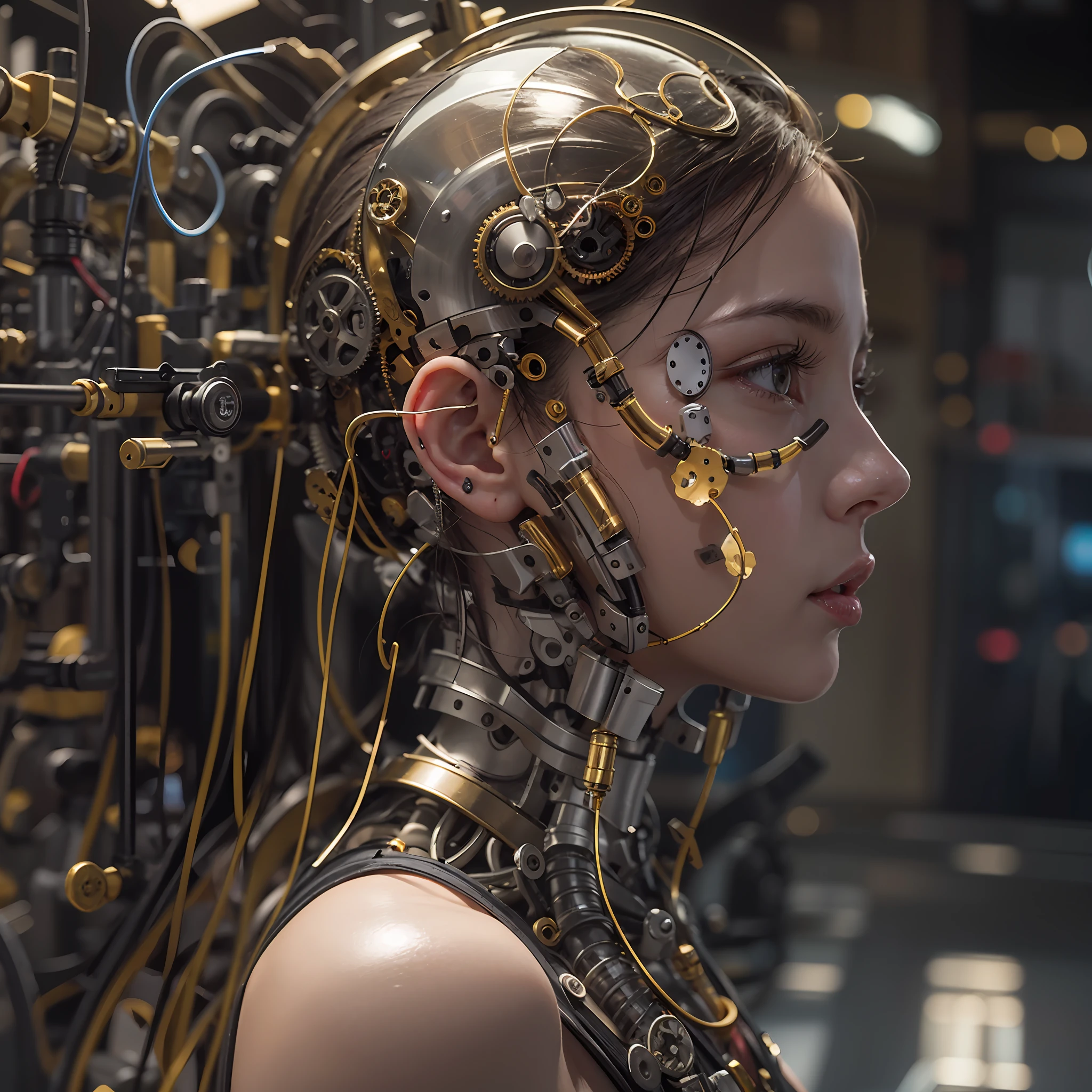 best qualtiy， tmasterpiece， Ultra-high resolution， Rendered with camera-like realism， real photograph，(((( A mechanical girl))))，((Solo))，((Perfect facial features，delicated face))， highly realistically detailed， Panoramic lighting effects， Fine and accurate shading representation， rendering by octane， 8K分辨率， Reveal vivid skin details， Representation of metallic materials，   Depicting vacuum tubes、Liquid tubes、oil pressure gauges、glass tubes、Simulate details such as meters， Highlight the details and movement of gears， The performance of gold hydraulic cylinders，  realism light effect，  Face the audience's gaze， Depict neon details in detail， Mechanized body parts， The blood vessels connected to the catheter， The mechanized spine is attached to the back， Mechanical attachment attached to the neck， Present a sitting position，Depict the wires and cables connected to the head，