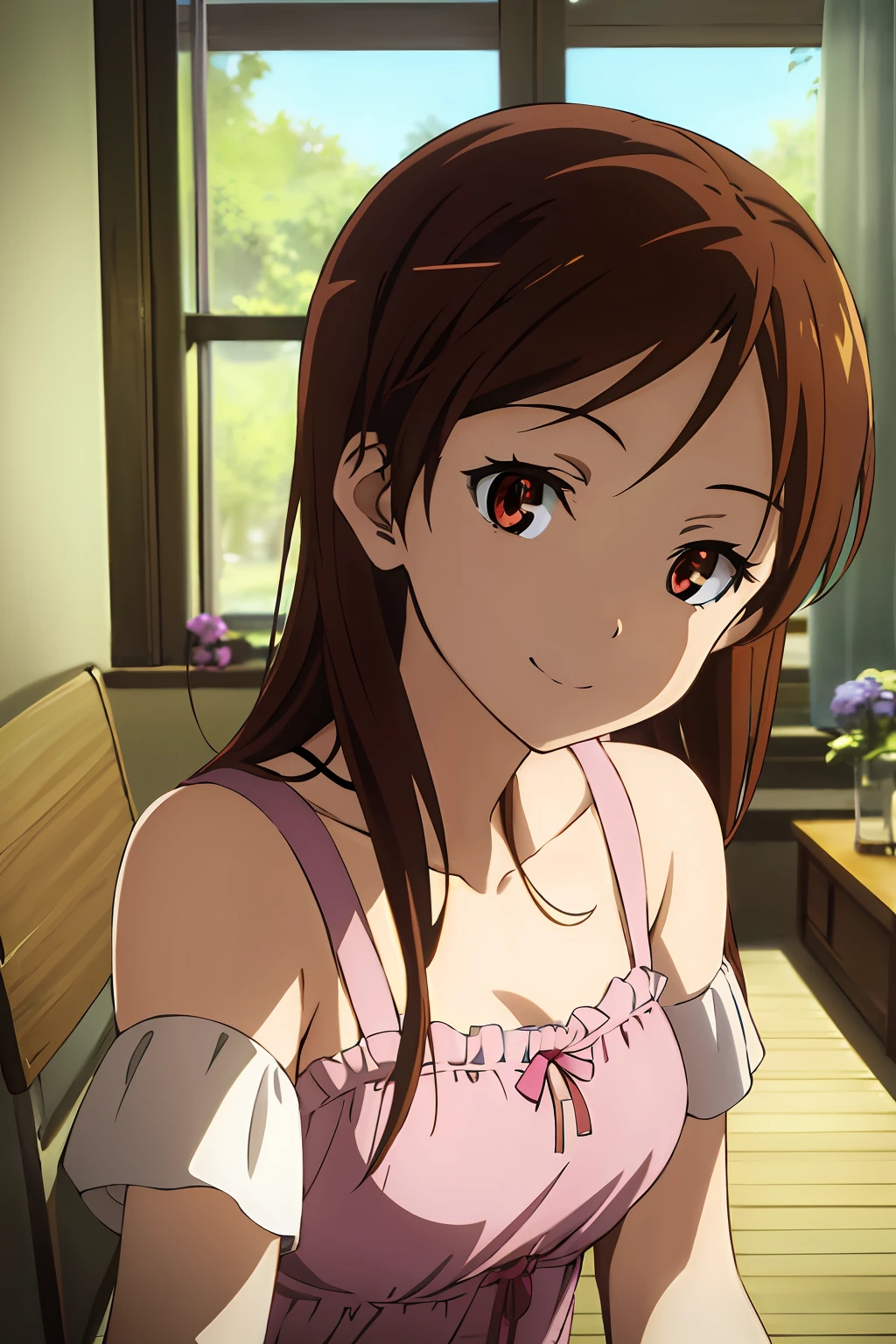 (highres, best quality:1.2), 1girl, radiance, soft contours, beautiful drawing, upper body, concept art, eyelashes, kyoani hyouka style, detailed background, bright colors,
minna-dietlinde wilcke, smile, 
close-up, looking at viewer,
indoors, summer dress