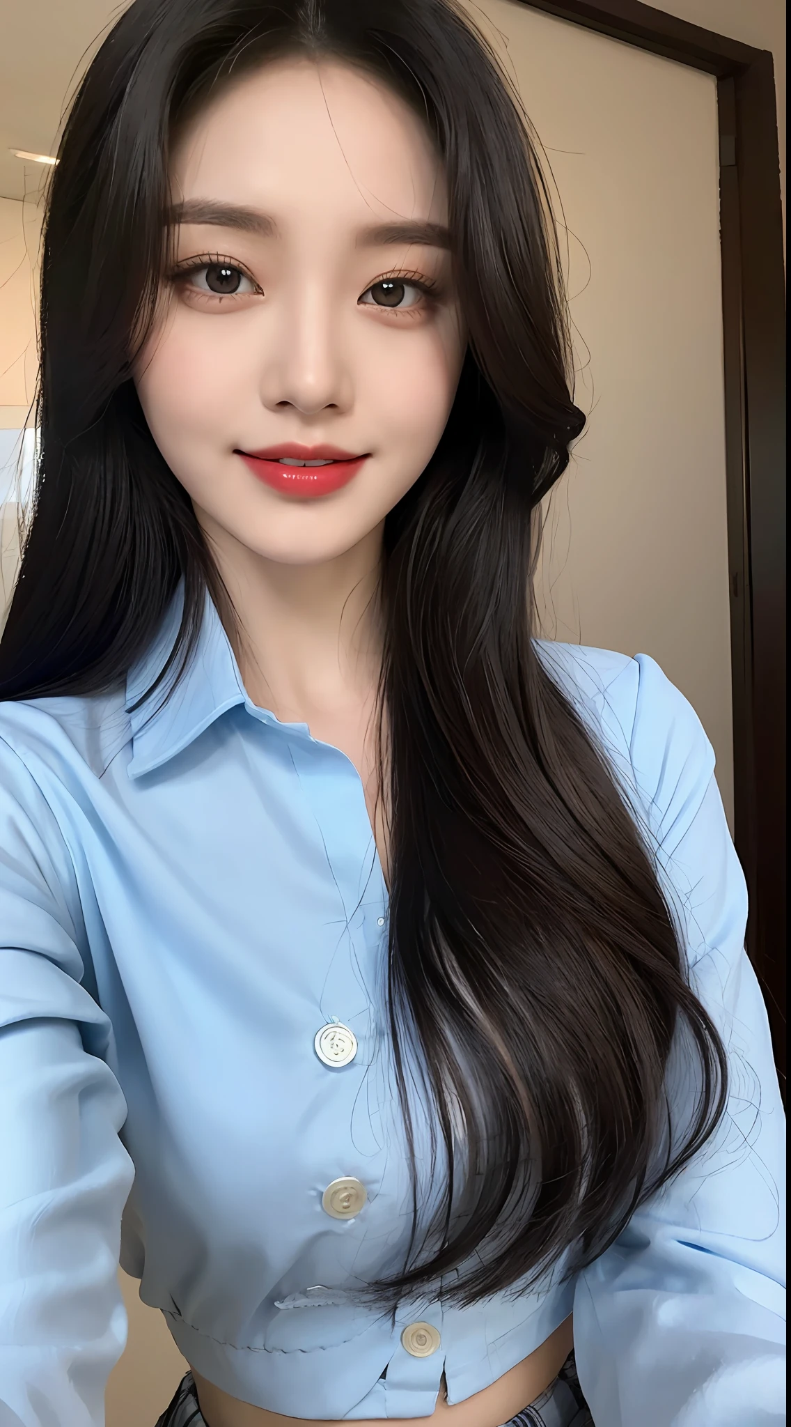 high detal，8K分辨率，超高分辨率，Best image quality，a beauty girl，lipsticks，Love pupils，Peerless beauty，Messy black straight hair，shoulder-length short hair，（Coiled hair）Smooth hair，Intense and beautiful makeup，Exquisite and perfect facial features，the most beautiful big eyes，Be red in the face，Sweet smile，（Wearing a sky blue lace shirt with buttons，tiese ，Plaid pleated skirt）Open navel，Thin waist，（Full breasts）Get close to the viewer，dynamic angle，Extreme picture quality，Highest accuracy