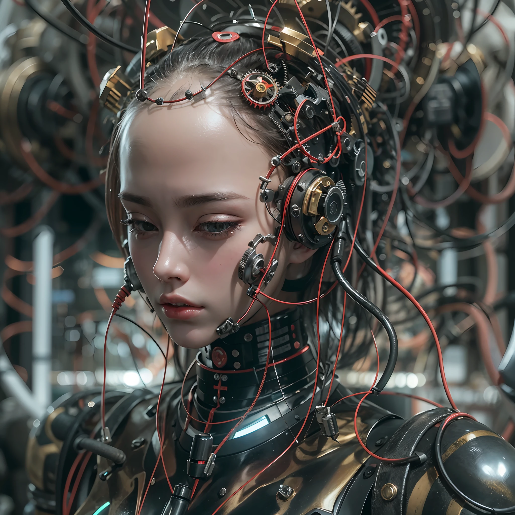best qualtiy, tmasterpiece, Ultra-high resolution, Rendered with camera-like realism, real photograph,(((( A mechanical girl)))),((Solo)),((Perfect facial features,delicated face)), highly realistically detailed, Panoramic lighting effects, Fine and accurate shading representation, rendering by octane, 8K分辨率, Reveal vivid skin details, Representation of metallic materials, Depicting vacuum tubes、Liquid tubes、oil pressure gauges、glass tubes、Simulate details such as meters, Highlight the details and movement of gears, The performance of gold hydraulic cylinders, realism light effect, Face the audience's gaze, Depict neon details in detail, Mechanized body parts, The blood vessels connected to the catheter, The mechanized spine is attached to the back, Mechanical attachment attached to the neck, Present a sitting position,Depict the wires and cables connected to the head,