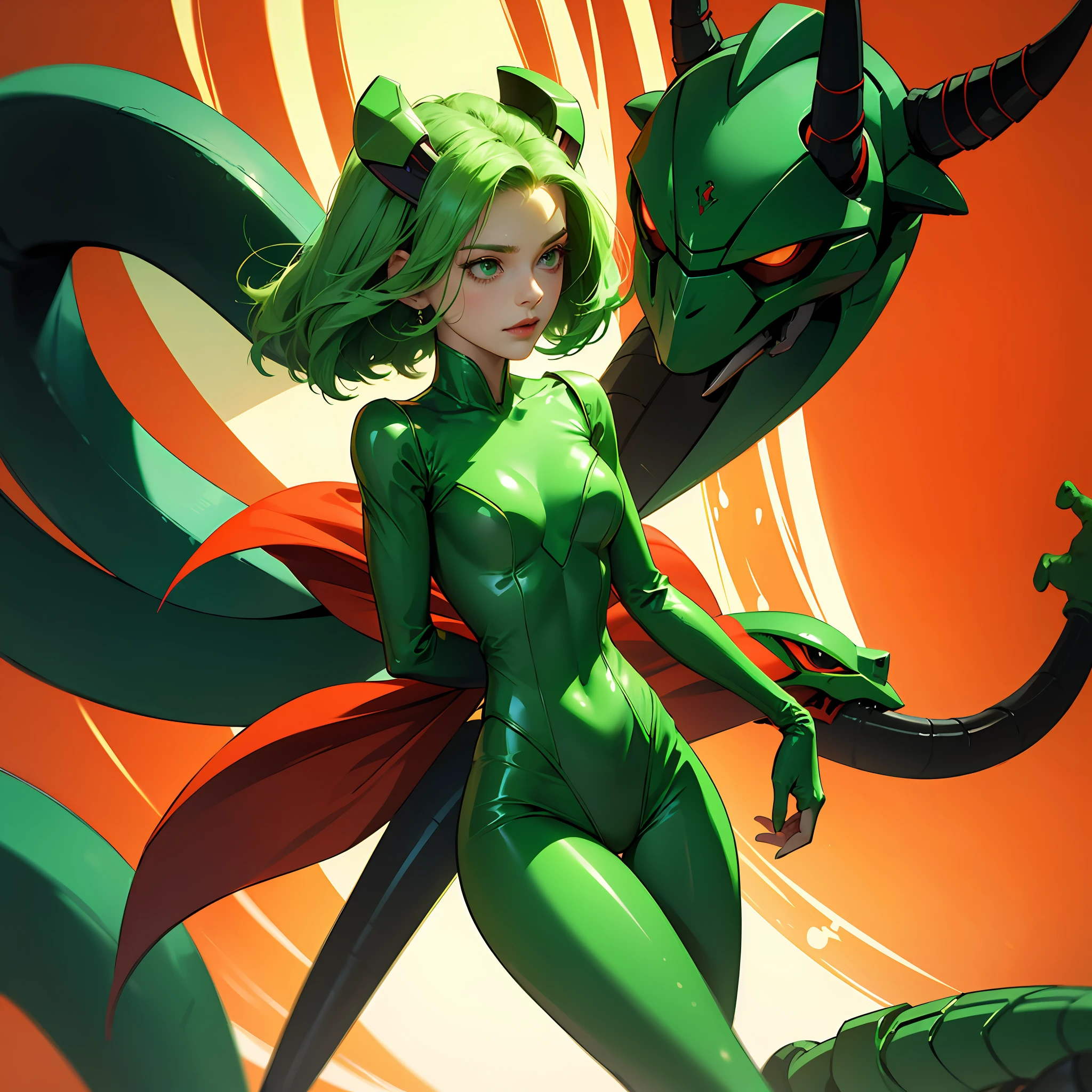 Cartoon photo of woman in green and red costume, hot insect humanoid woman, Guyver style, SFW version, scaraber reploid, tail, cel shade adult animation, alien queen, serpentine pose,