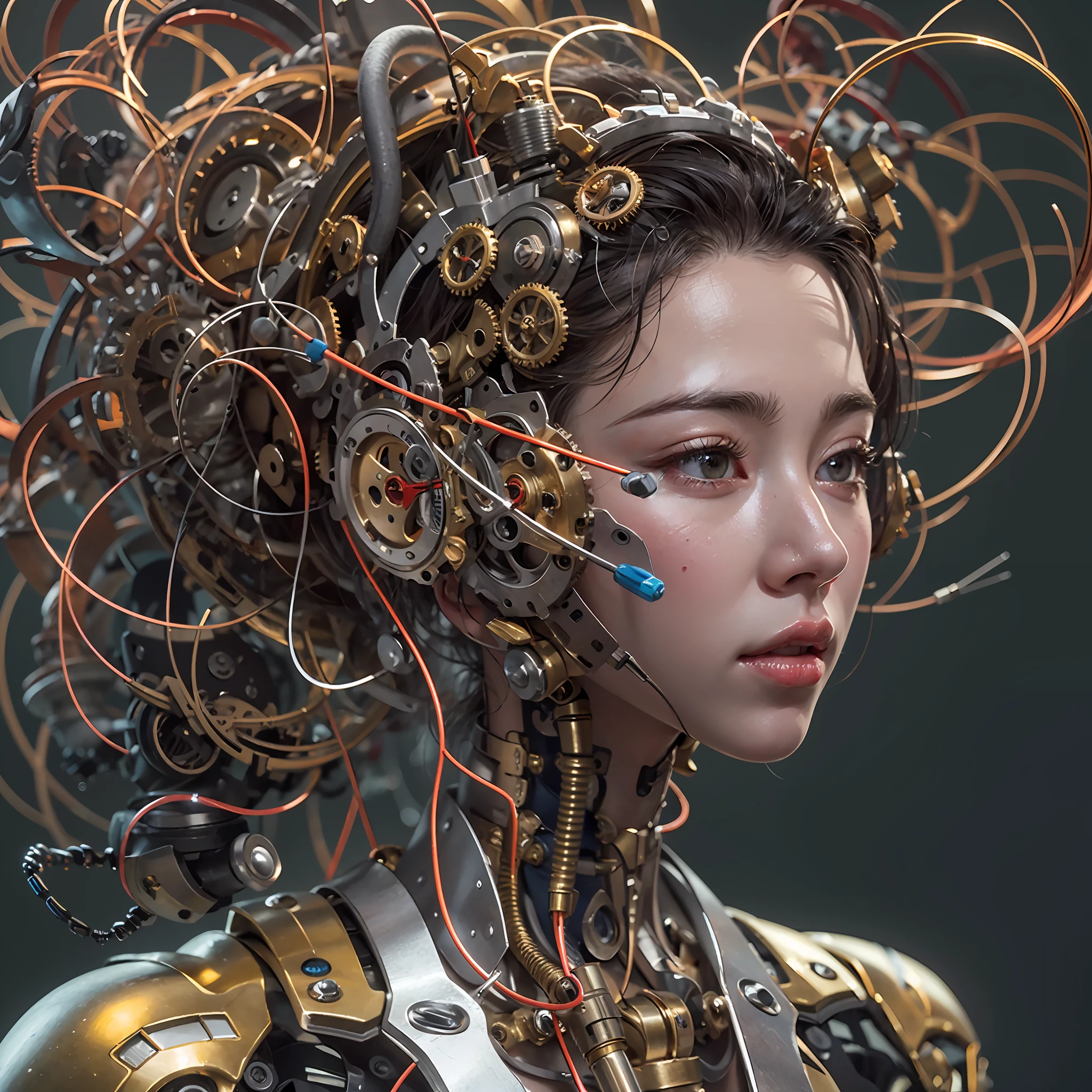 best qualtiy, tmasterpiece, Ultra-high resolution, Rendered with camera-like realism, real photograph,(((( A mechanical girl)))),((Solo)),((Perfect facial features,delicated face)), highly realistically detailed, Panoramic lighting effects, Fine and accurate shading representation, rendering by octane, 8K分辨率, Reveal vivid skin details, Representation of metallic materials, Depicting vacuum tubes、Liquid tubes、oil pressure gauges、glass tubes、Simulate details such as meters, Highlight the details and movement of gears, The performance of gold hydraulic cylinders, realism light effect, Face the audience's gaze, Depict neon details in detail, Mechanized body parts, The blood vessels connected to the catheter, The mechanized spine is attached to the back, Mechanical attachment attached to the neck, Present a sitting position,Depict the wires and cables connected to the head,