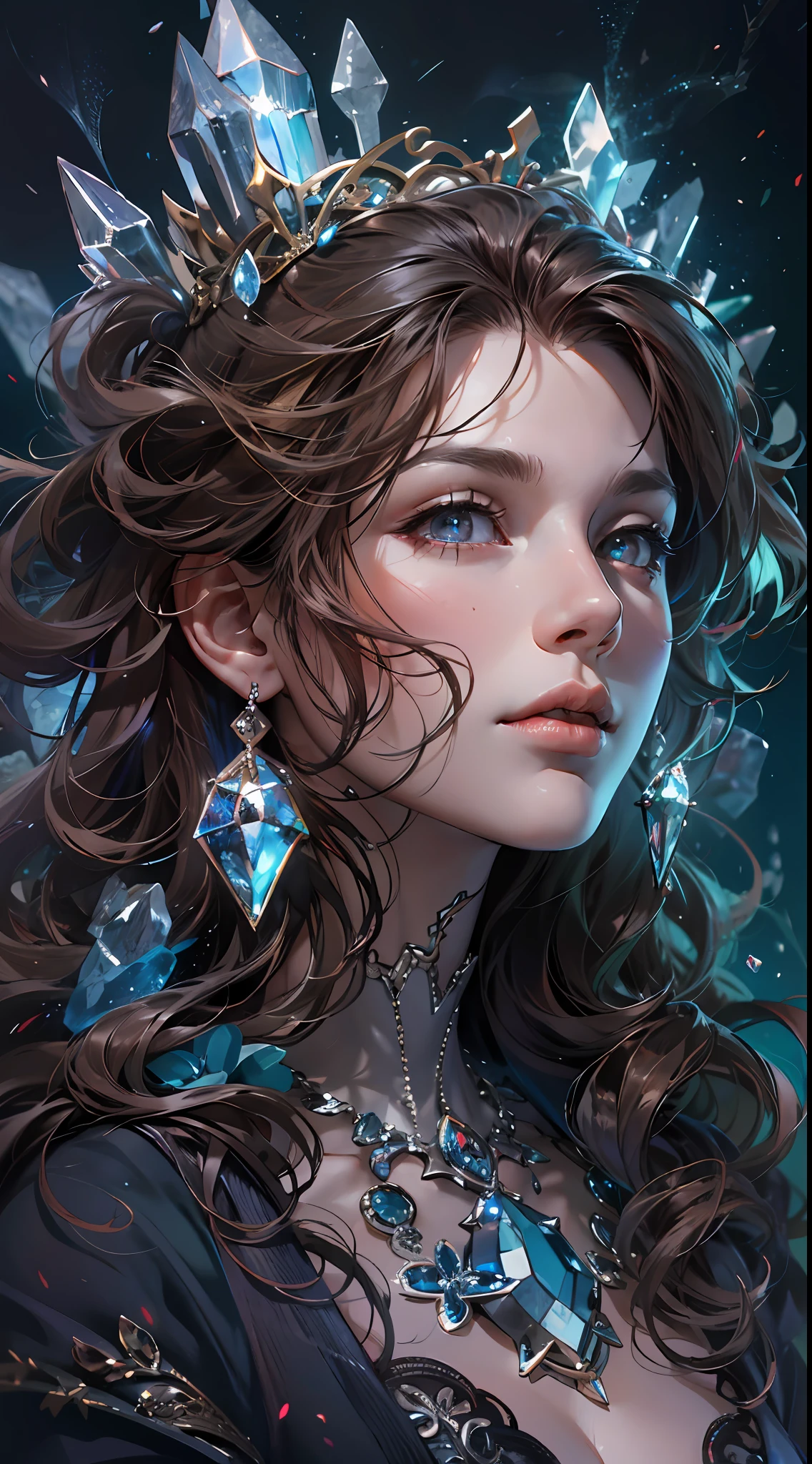 (absurdres, highres, ultra detailed), 1woman, mature female, aged up, wavy long hair, auburn hair, coral eyes, bangs, long sleeves, finely detailed eyes and detailed face, extremely detailed CG unity 8k wallpaper, intricate details, (style-swirlmagic:1.0), looking at viewer, solo, upper body, detailed background, close up, detailed face, (gothic dark ages theme:1.1), crystal sorcerer, dynamic pose, earth themed clothes, crystal crown, floating in the air, glowing magical shards, surrounded by blue magical crystals, rock formations, stalactites, magical floating particles, crystal glass, crystal sphere, crystal canyon background, (shallow water:0.7), epic ethereal atmosphere, updraft,, portrait