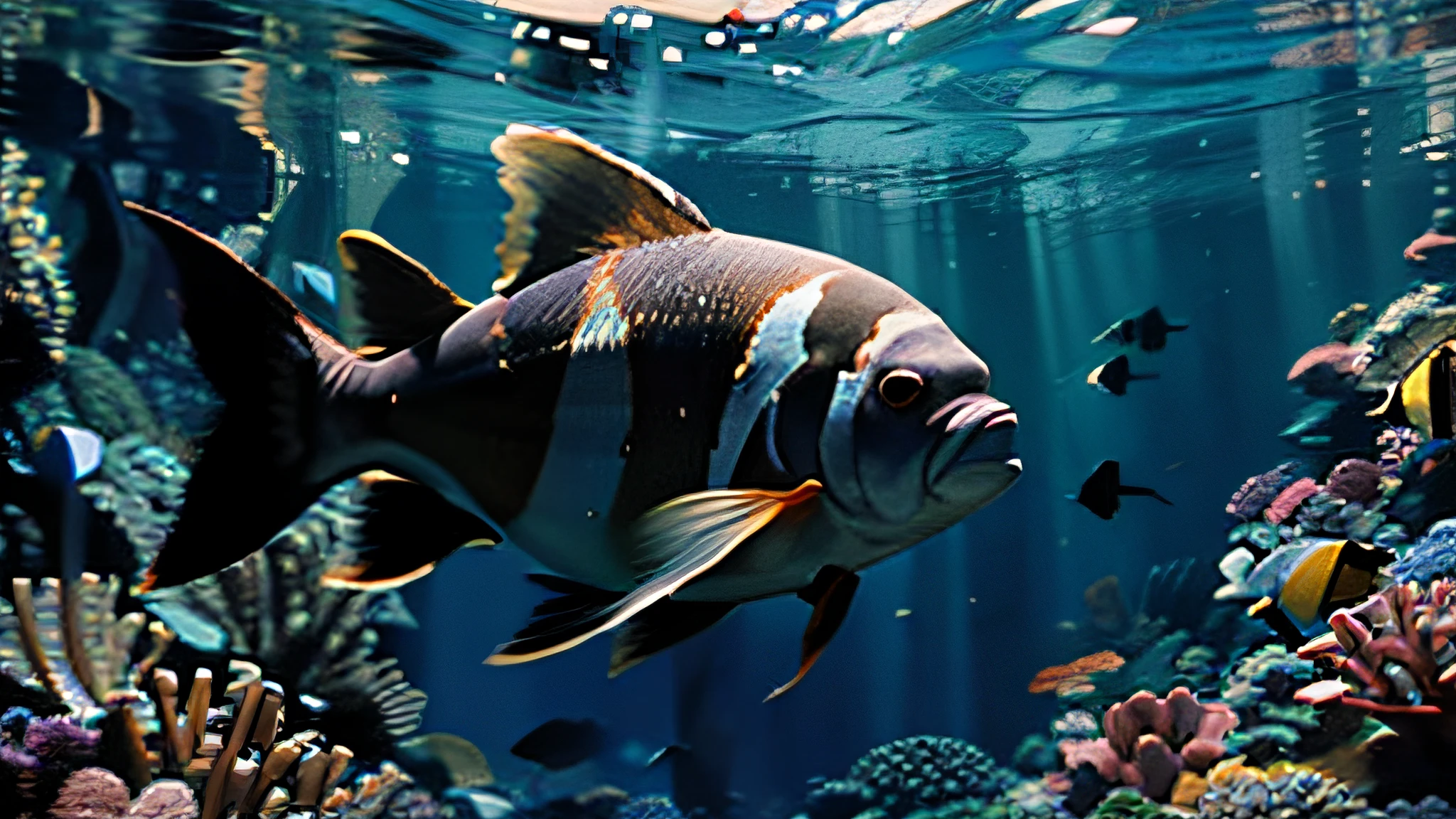 (Underwater, Closed_Eyes,),absurderes, high resolution,(8K resolution), 8K, 8kres, 8K real, High details, Verbose and licensed, International high detail,highly intricate detail,absurd details,Hyper-Resolution,hyper HD,megapixel,vfx,FXAA,TXAA,RTX,SSAO,Shaders,denoised,Denoising,cel shading,Tone-mapping,Environmental occlusion,rays of moonlight,Depth - fc,Deep under the sea,Clownfish,Incapacitation of operations,The background is messy,废墟,The background is broken