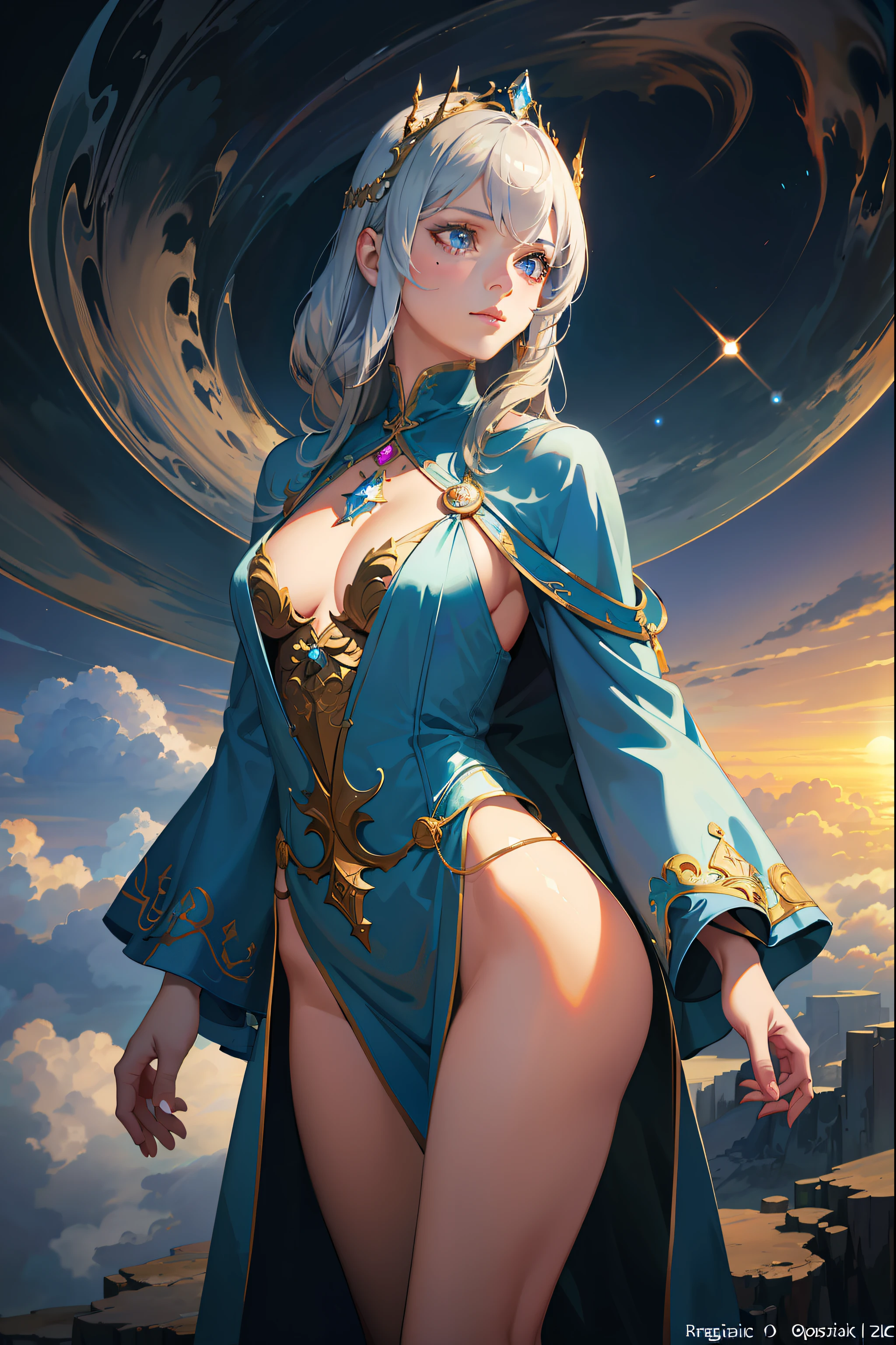 (Masterpiece, fine detailed beautiful eyes: 1.2), Ultra-detailed, illustration,
A mysterious and mysterious wizard girl,Wearing a light blue robe, Standing in a world of her own creation, Surrounded by a swirling cloud of arcane magic.
,Detailed background, (Realistic:2), volumettic light, rays of sunshine, Light rays, sky, Cloud,the setting sun,Contre-Jour