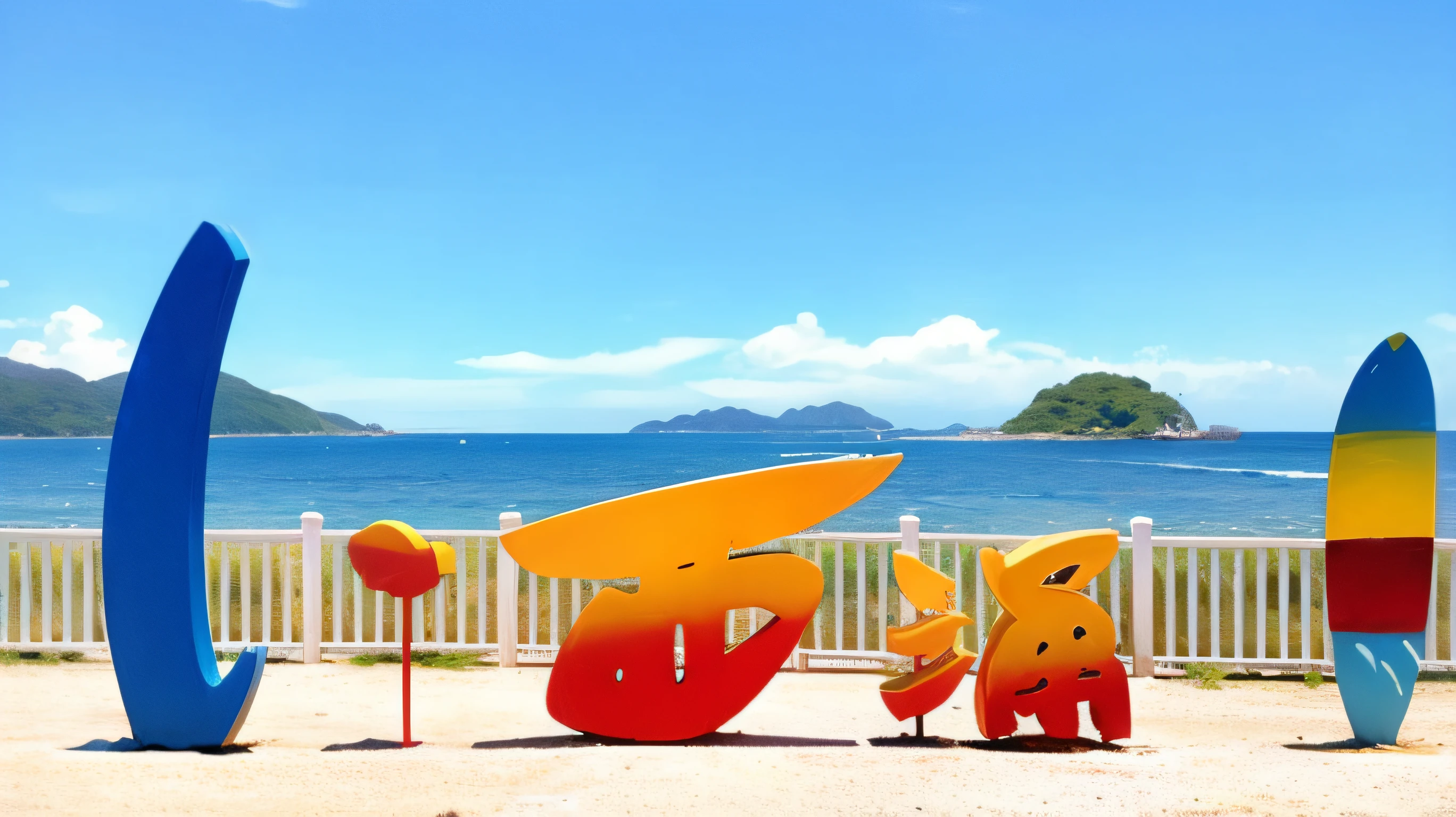 Absolutely amazing view on the beach,There are small islands in the sea、Blue and yellow sculptures。The sea is crystal clear,Kissing the shore tenderly,The white sand stretches as far as the eye can see。The scene is full of movement,breath-taking,Seagulls soar high in the sky,Palm trees sway gently。Soak up the calm atmosphere,Let tranquility envelope。