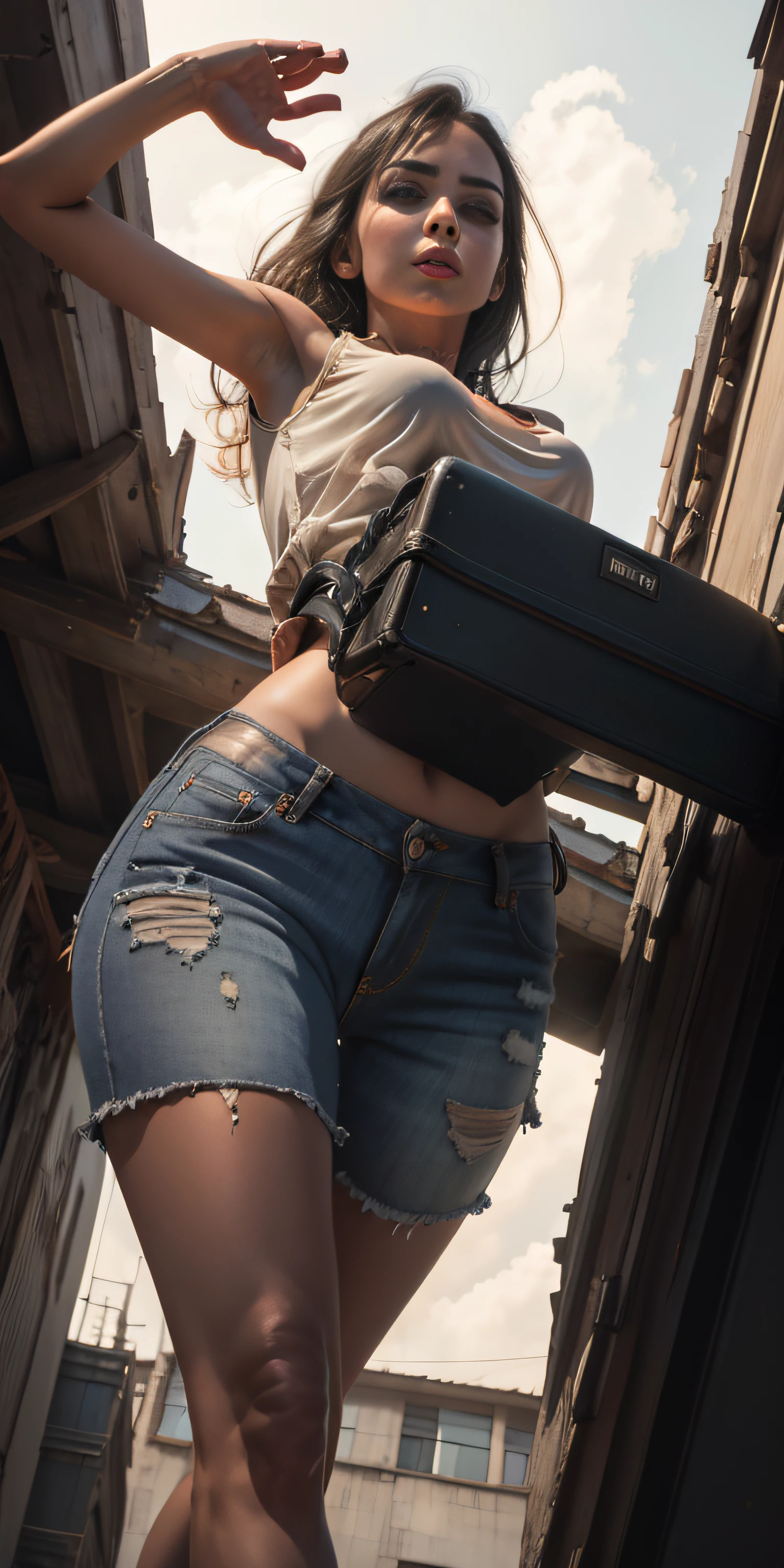 woman, (((from below))), busy city, foreshortening, (seductive pose), looking at viewer, mad, blackcutoffs, (eye contact), african, photorealistic, masterpiece, realistic, high contrast, hyper detailed, best quality, ultra high res, photorealistic, high resolution, detailed, raw photo,