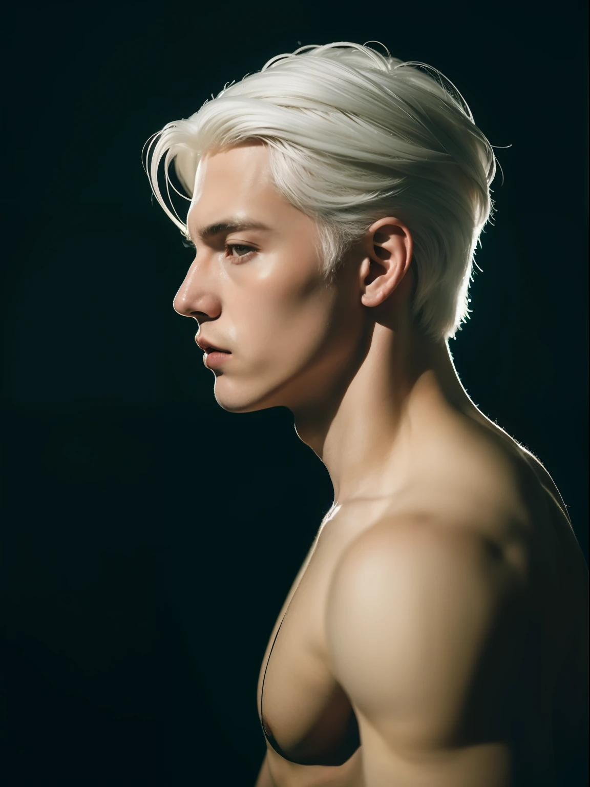 Portrait photo of young and handsome man , 20 years old , white hair , wearing nothing,  artistic portrait , sexy posing , dark light , art , cinematic elegance, elegantly formal
