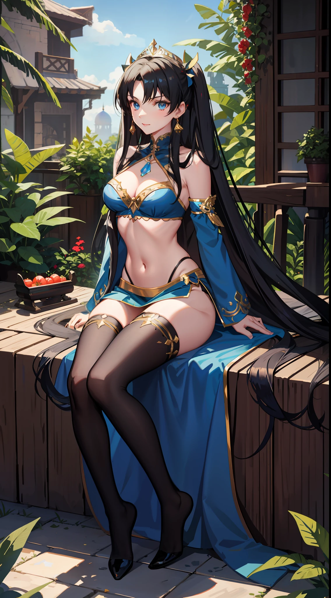 long hair, black hair, medium breast, slim legs, happy, blue gown, cleavage, arabian belly dancer , short skirt, rin tohsaka, twin tail, navel, garden, blue eyes, tiara, sitting, thigh high socks, sunlight,