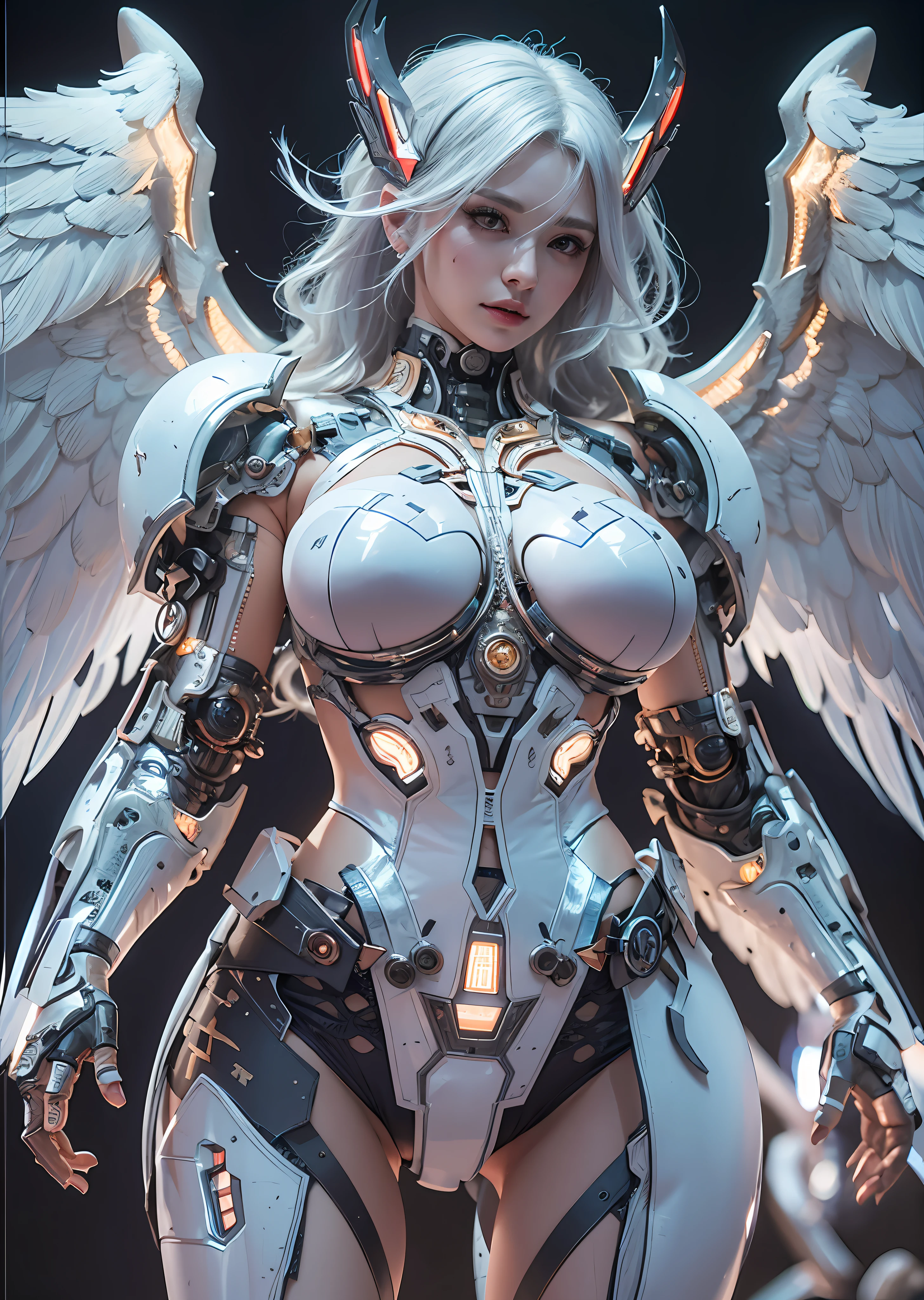 top-quality、​masterpiece、超A high resolution、(Photorealsitic:1.4)、Raw photo、Cyborg Angel、large wings made of metal、White porcelain body、white  hair、glowy skin、1 cyborg girl、((super realistic details))、portlate、globalillumination、Shadow、octan render、8K、ultrasharp、character edge light,Colossal tits、Raw skin is exposed in cleavage、Details of complex ornaments、Hydraulic cylinder、highly intricate detail、Realistic light、a purple eye、radiant eyes、Facing the camera、neon details、cowboy  shot、Futuristic headgear、Cyberpunk details、Small LED lamp、