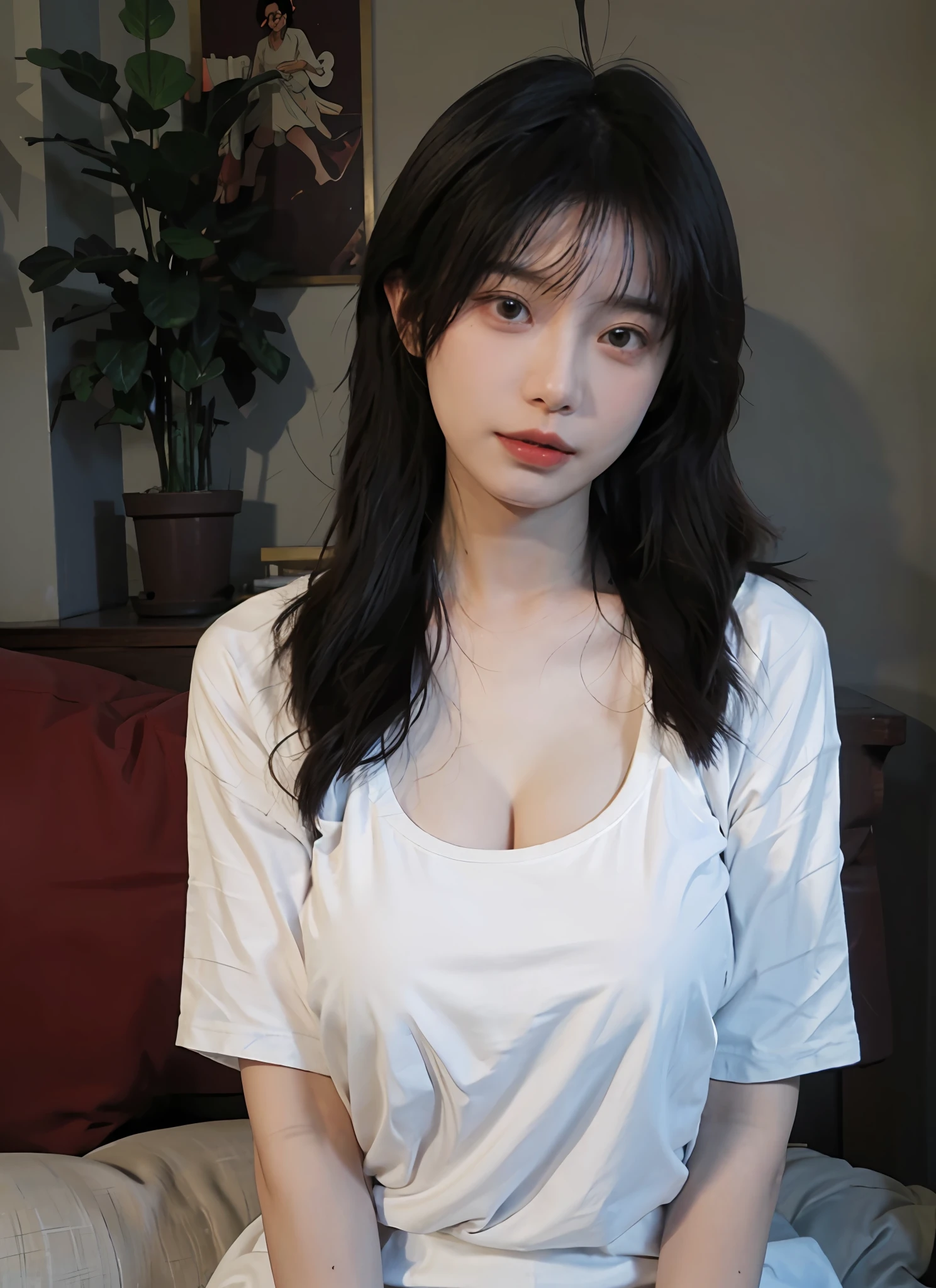 best qualtiy,tmasterpiece,超高分辨率,(realisticlying:1.4),1girll,Raised sexy,A ball head,voluminous hair,Delicate face,Vivid,Real girls,(huge tit:1.1)(brassier:1.2)largeaperture,cleavage,Wearing a white t-shirt dress,macro shot,Very plump,Looking at you,good eyes looking,