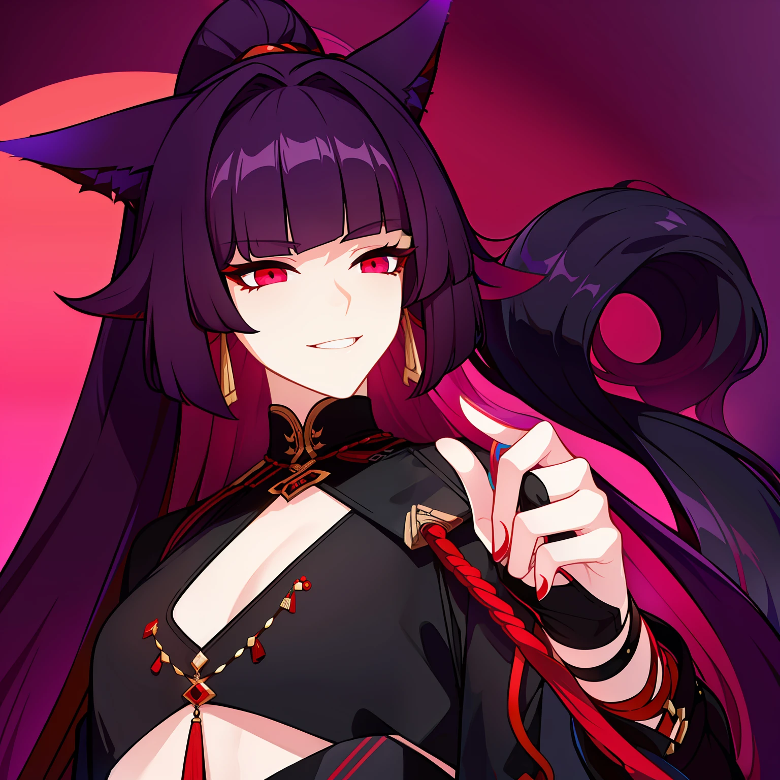 Young guy, pretty facial features, long dark purple hair, half gathered in messy ponytail, half loose, dangerous bright red eyes, black fit clothes with many jewels, fox ears and tail, mad smile
