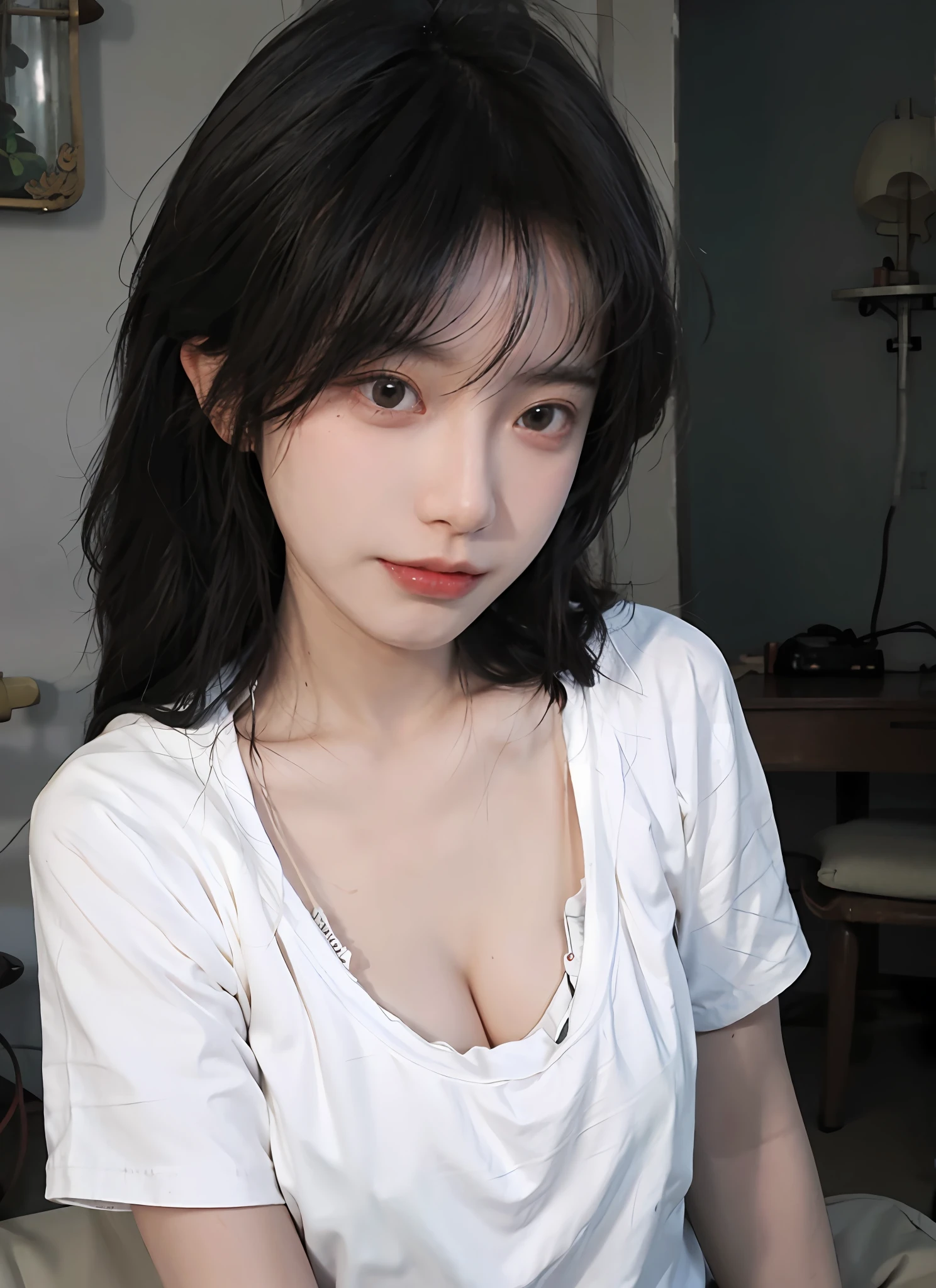best qualtiy,tmasterpiece,超高分辨率,(realisticlying:1.4),1girll,Raised sexy,A ball head,voluminous hair,Delicate face,Vivid,Real girls,(huge tit:1.1)(brassier:1.2)largeaperture,cleavage,Wearing a white t-shirt dress,macro shot,Very plump,Looking at you,good eyes looking,